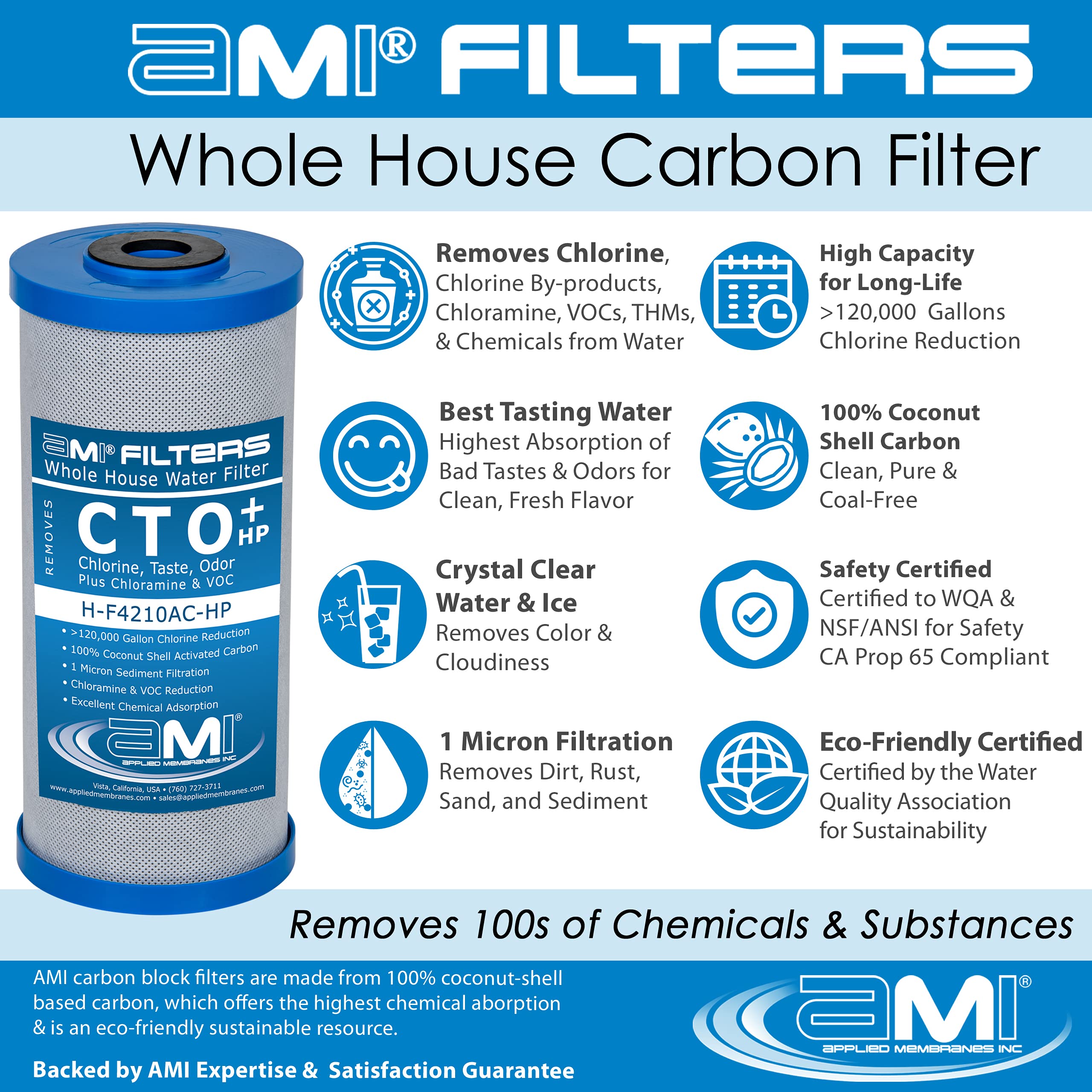APPLIED MEMBRANES INC. Whole House - Juego de cartuchos de filtro de repuesto para filtro de agua, 3 etapas, 4.5 x 10 pulgadas, filtros de sedimentos y bloques de carbono, se adapta a carcasas azules