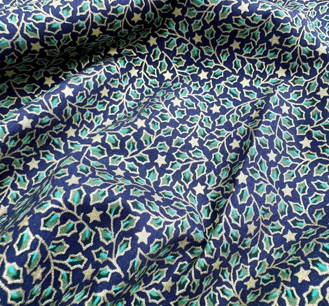 Glamour Secrets Blue Christmas Fabric - Metallic Gold Holly Leaf & Star On Navy - Cotton Craft Fabric Material
