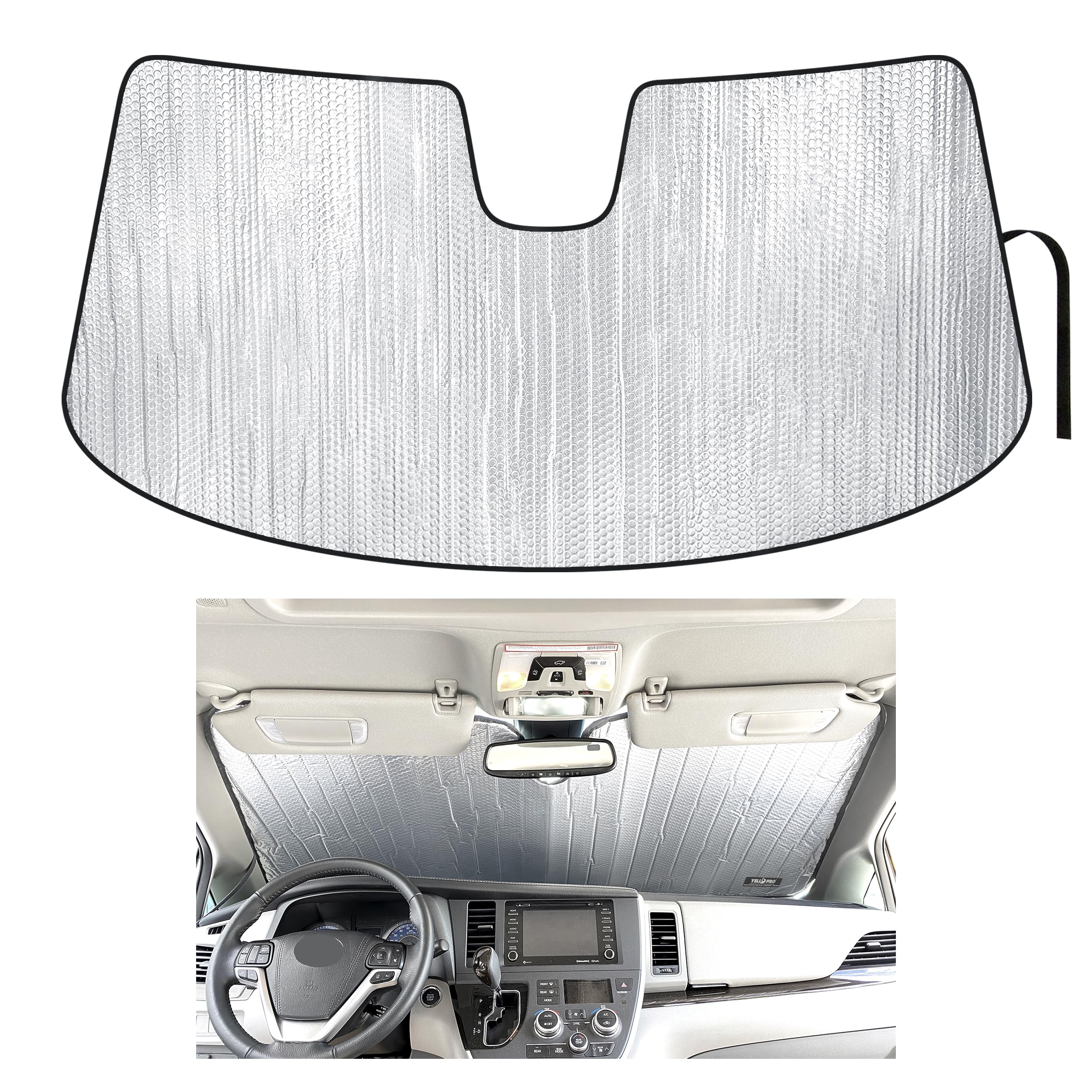 YelloPro Auto Custom Fit Front Windshield Sunshade Protector for 2011 2012 2013 2014 2015 2016 2017 2018 2019 2020 Toyota Sienna Minivan, L, LE, SE,