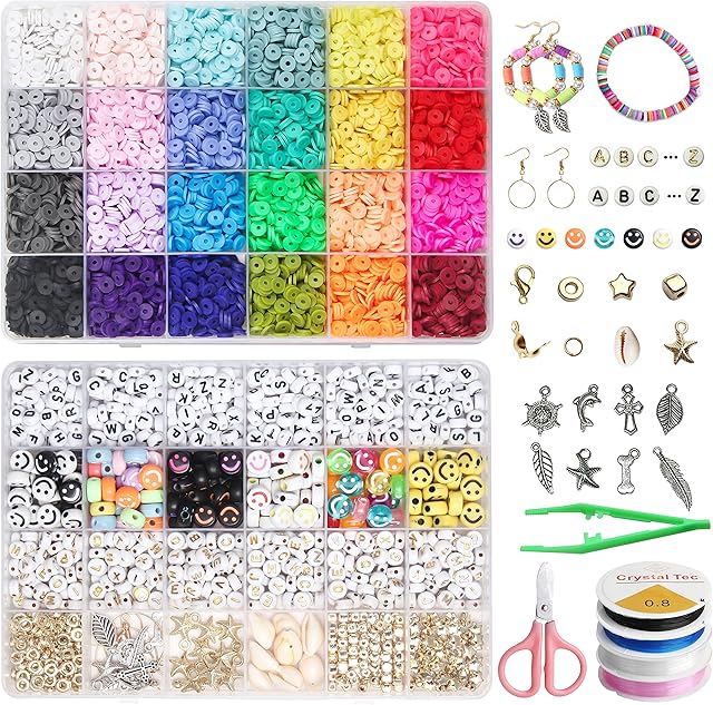 7048 Pcs Clay Beads Bracelet Making Kit with Letter Beads Smiley Face Beads and Pendant Charms for Jewelry Making, 24 Colors Flat Round Polymer Clay Beads for Necklace Earring DIY Craft
