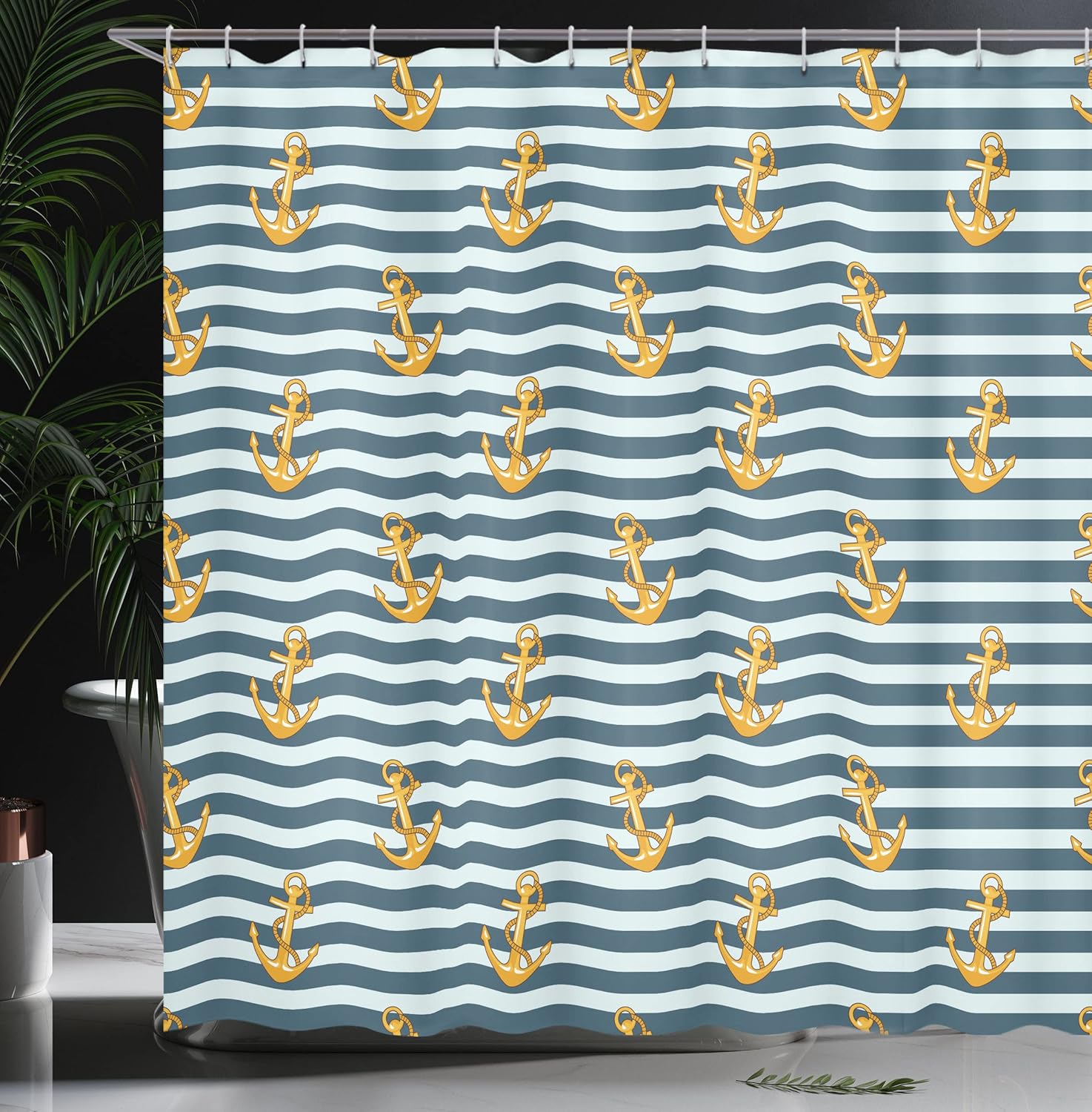 Ambesonne Harbour Stripe Shower Curtain, Old Fashion Nautical Fashion with Anchors Coast Theme, Cloth Fabric Bathroom Decor Set with Hooks, 69" W x 70" L, Yellow Blue