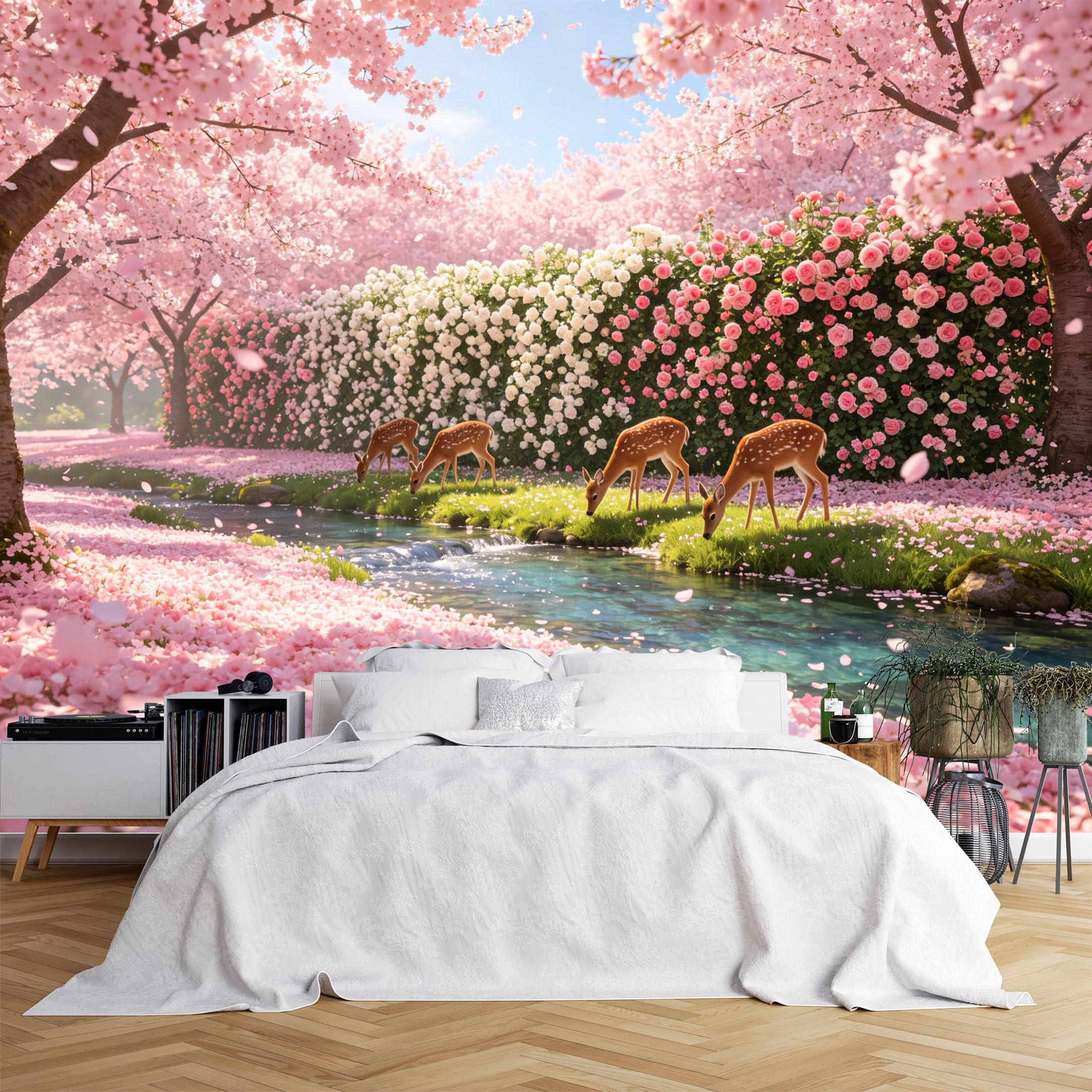 Lcythiazole Ch260615230 Custom Size Wall Murals Cherry Blossom Stream Sika Deer Full Wall Wall Murals Self-Adhesive Wall Fabric (No Pvc) Removable Wallpaper For Nursery Living Room