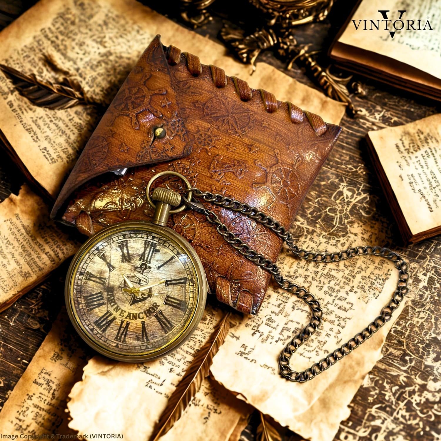 Brass Victorian Pocket Watch with Genuine Leather Case – Custom Engraved Vintage Style Clock– Personalized Gift for Men, Women, Collectors (Marine Anchor, Antique, Brass)