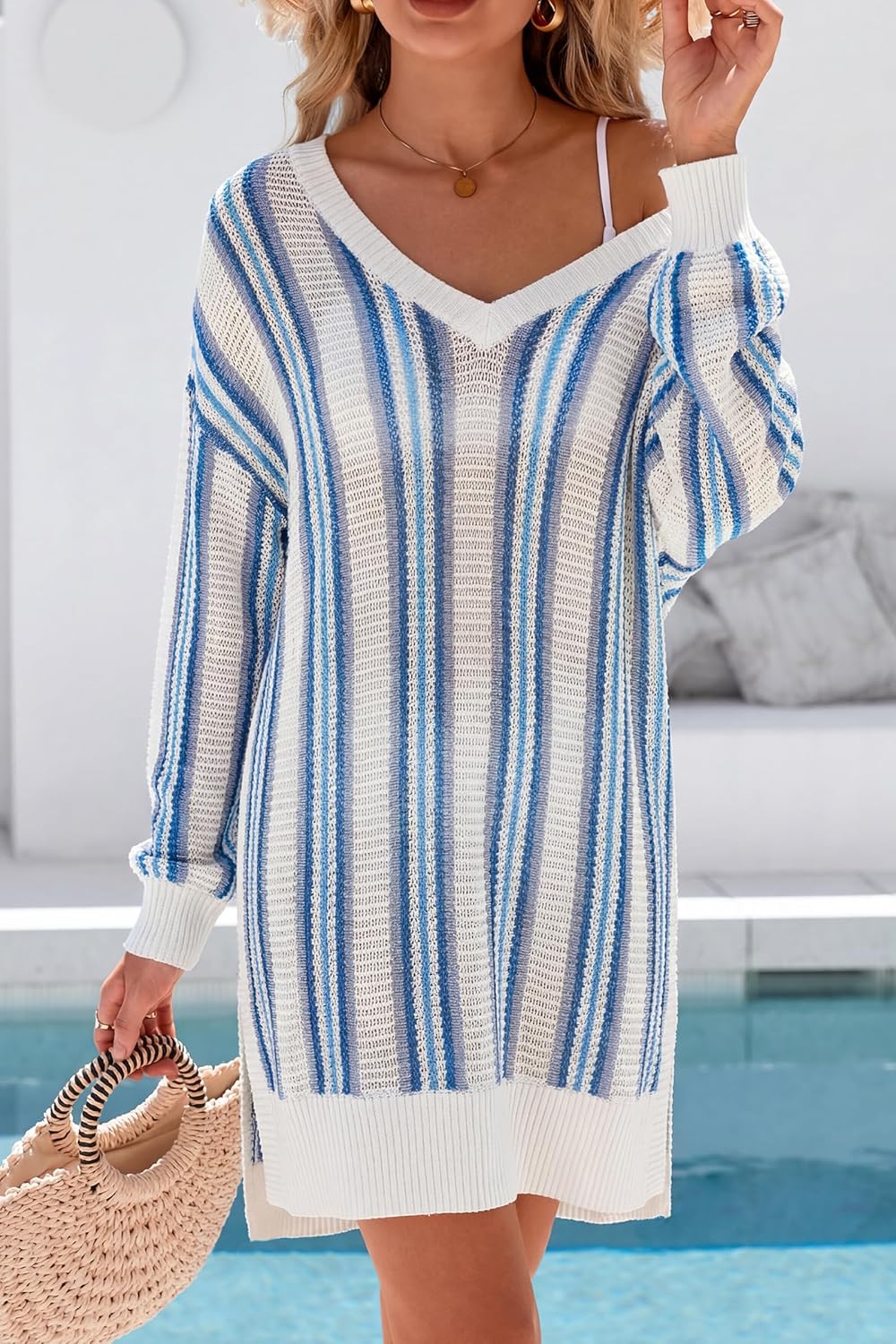 Arach&Cloz Women's Linen Blend Summer Swim Suit Cover Up V Neck Crochet Dress Striped Beach Vacation Outfits 2026 - Image 4