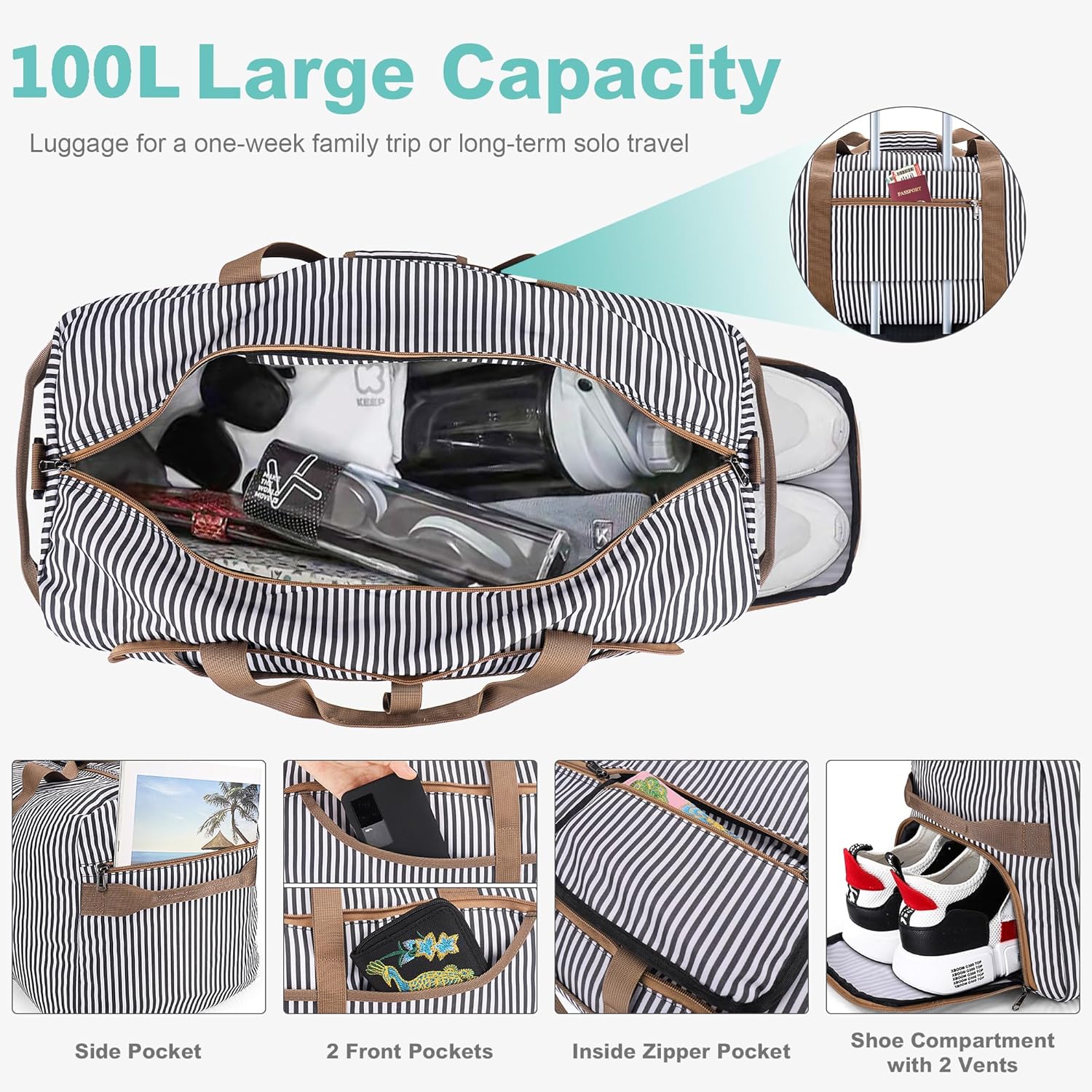 100L Duffle Bag for Travel, Large Foldable Waterproof Travel Duffel Bags Weekender Overnight Bag for Men and Women with Shoe Compartment (Stripe) - Image 4