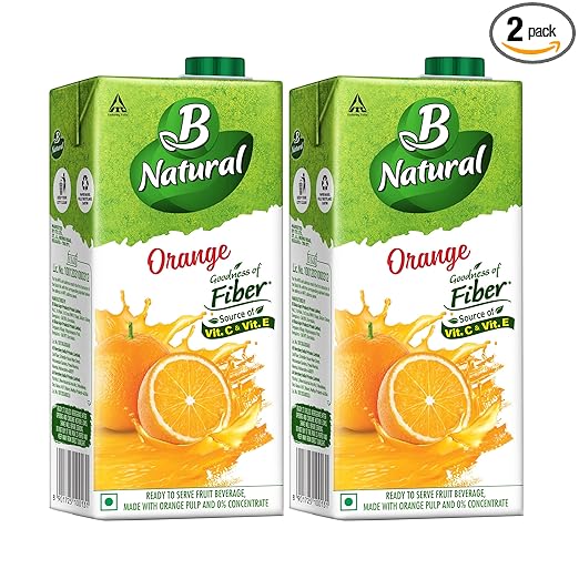 B Natural Orange Juice, Supports Immunity & Goodness of Fiber, 1 litre (Pack of 2)