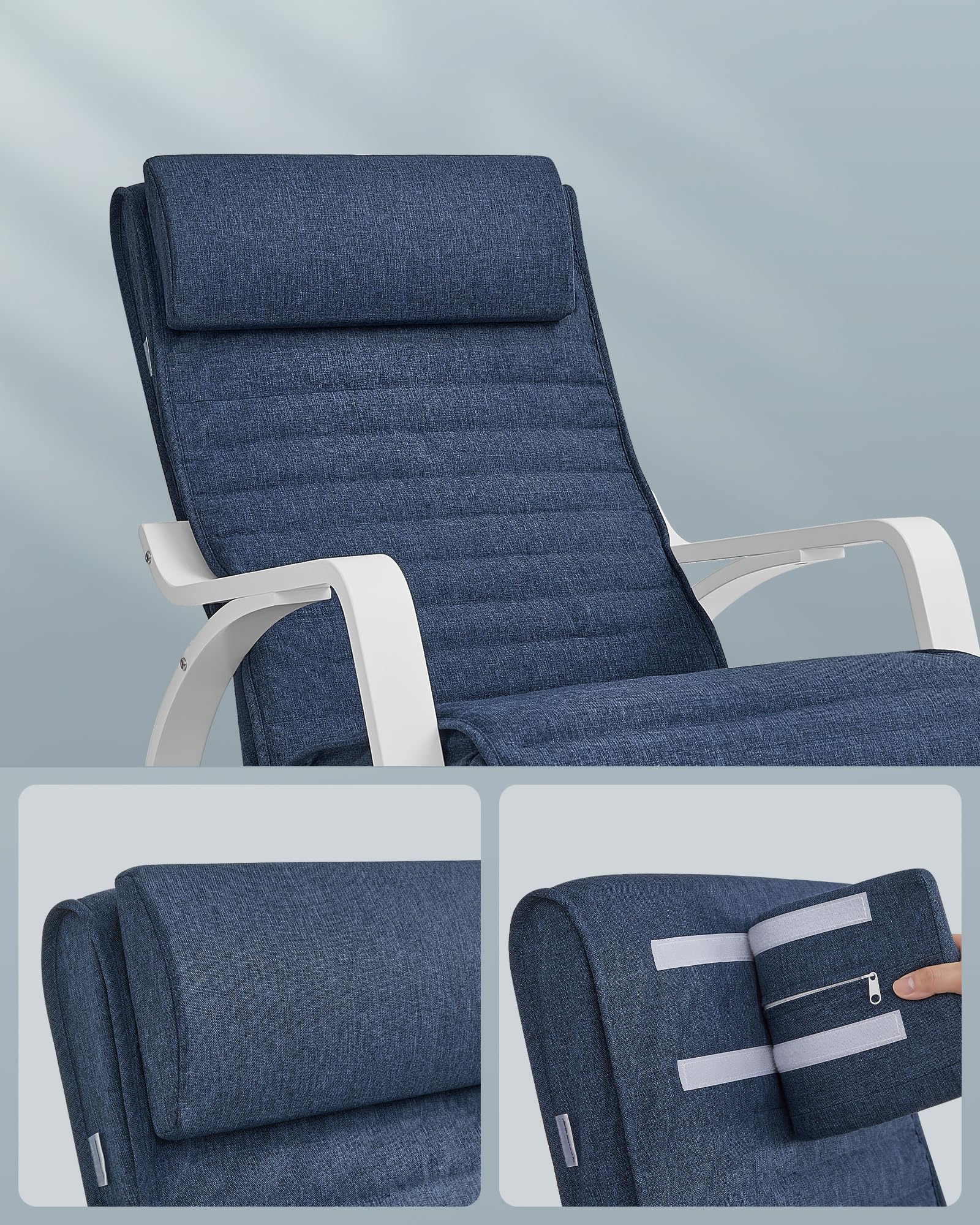 SONGMICS Fauteuil à Bascule, avec Accoudoirs en Bois, Chaise d’Allaitement, Repose-Pieds Réglable en 5 Positions, Capacité 150 kg, pour Chambre, Salon, Bleu Minuit et Blanc LYY011Q01