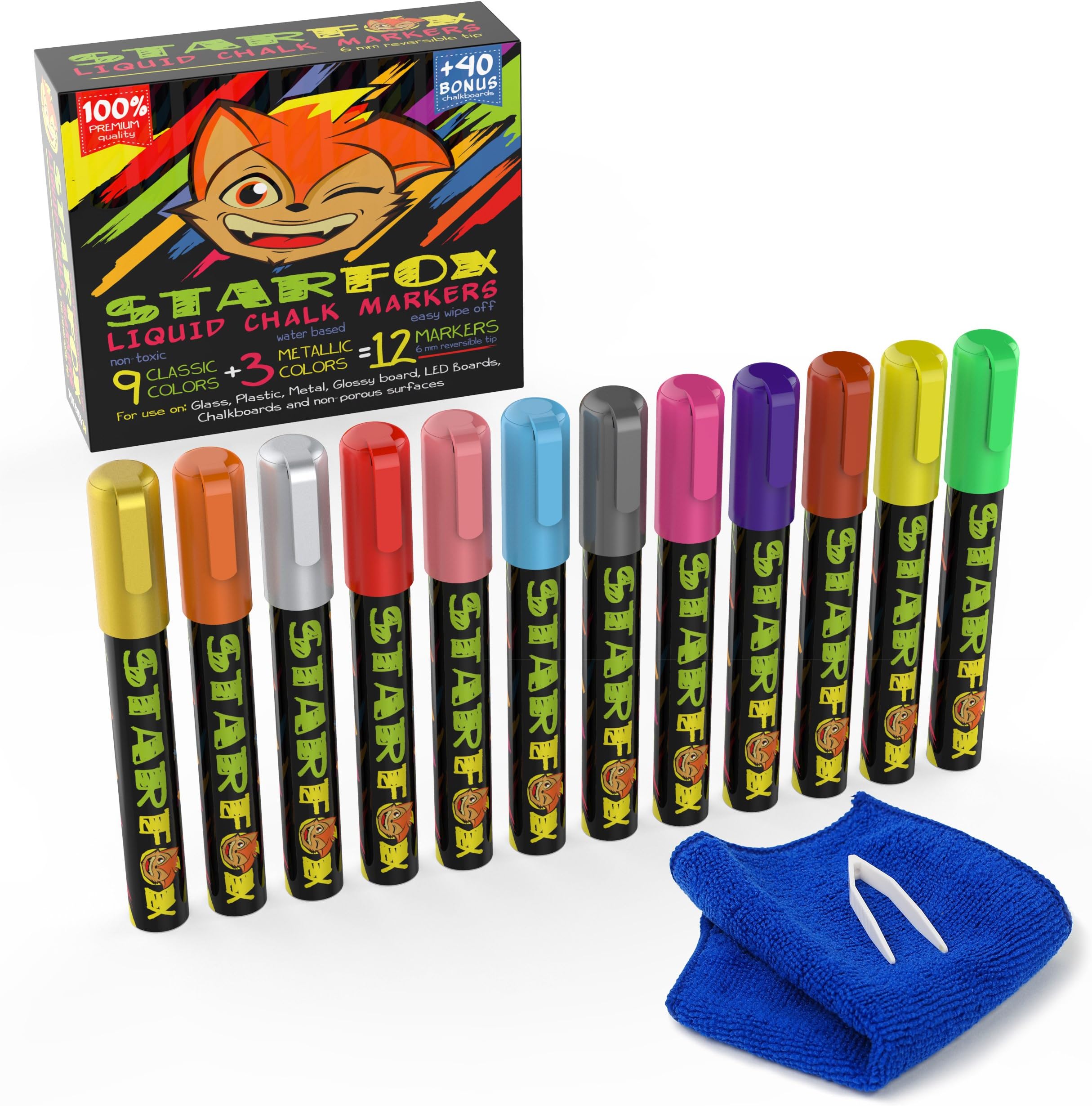 Starfox Liquid Chalk Markers for Kids & Adults – Fine Point & Chisel Tip 2-in-1 Nib – Set of 12 Vibrant Colours – Including Rose Gold, Silver & Gold – 40 Labels, Tweezers & Cloth – Unique Cap