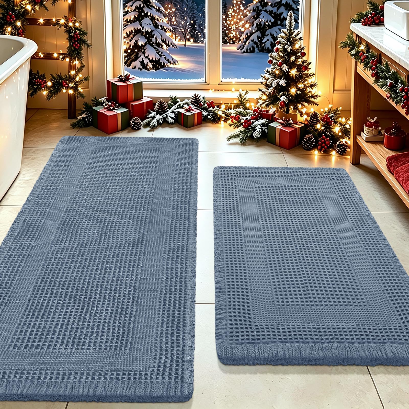 Upgrade Waffle Bath Mat Set 2 Piece, Boho Bathroom Rugs Absorbent Non Slip, Ultra Soft Bathroom Mat, Machine Washable Knit Bath Rugs with Tassels for Bathroom, Bedroom, Kitchen, Shower, Tub, Blue