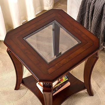High-End Square Side Table with Tempered Glass Top Farmhouse Side Table with Shelf Living Room Corner Table with Carved Wooden Legs 60.5 cm H Cherry Brown CJZ-A1168-GT