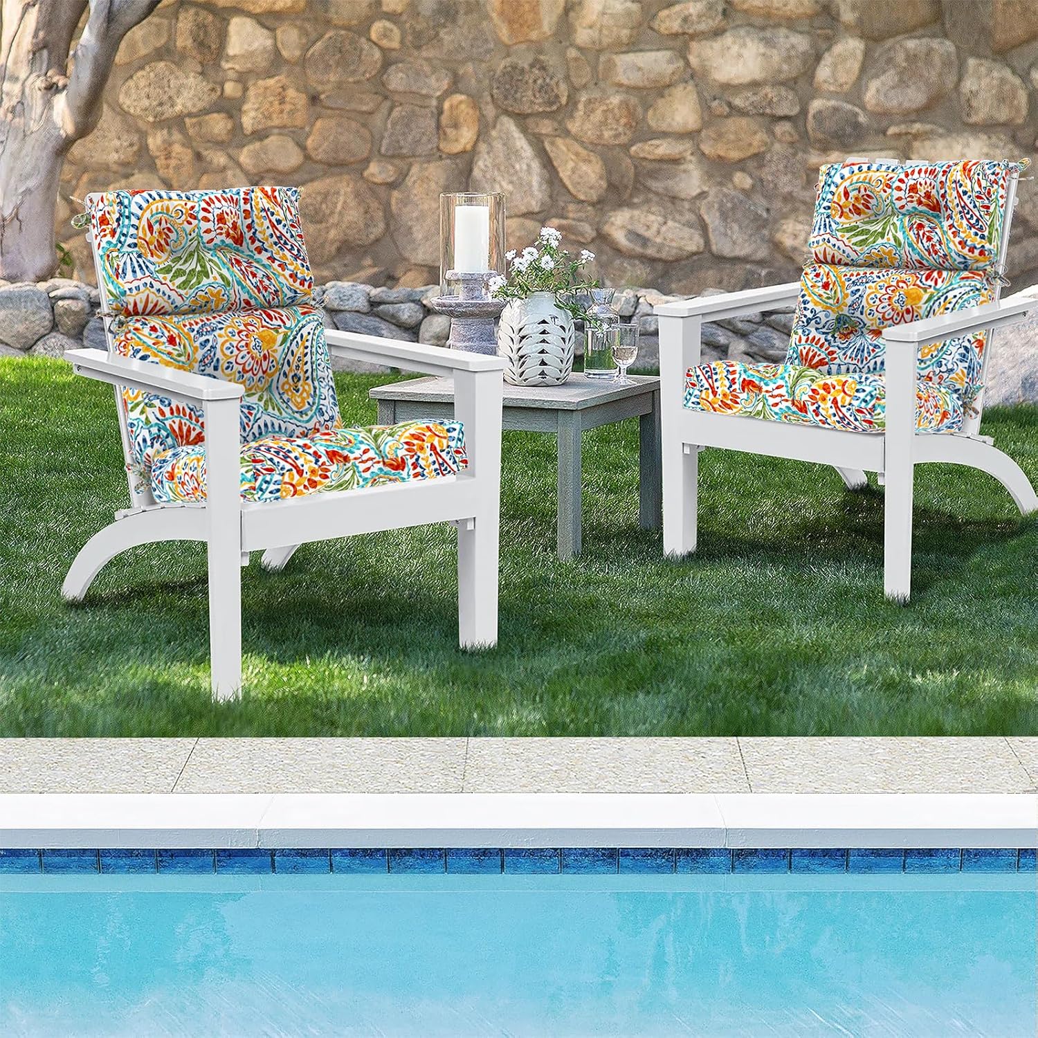 DYTXIII Outdoor High Back Chair Cushions Set of 2, Water Repellent Tufted Rocking Seat Cushions Replacement 44 x 22 Inch, Seat & Back Chair Pads for Patio, Balcony and Indoor Use -Paisley Multi