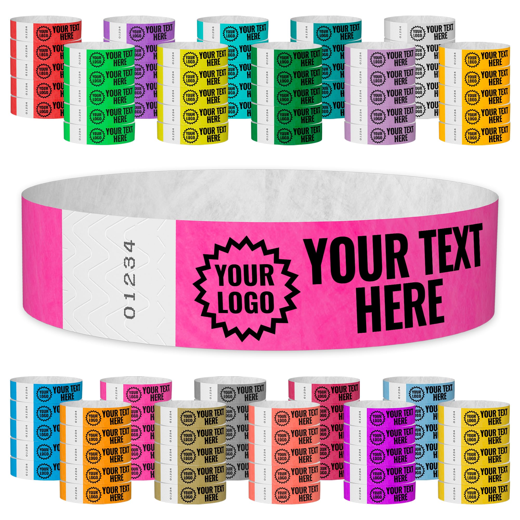 WristCo Neon Pink Custom Imprint Wristbands - 200 Count Tyvek ¾” x 10”- Add Any Text Logo and Image & Receive Printed Wrist Band Bracelets for Events