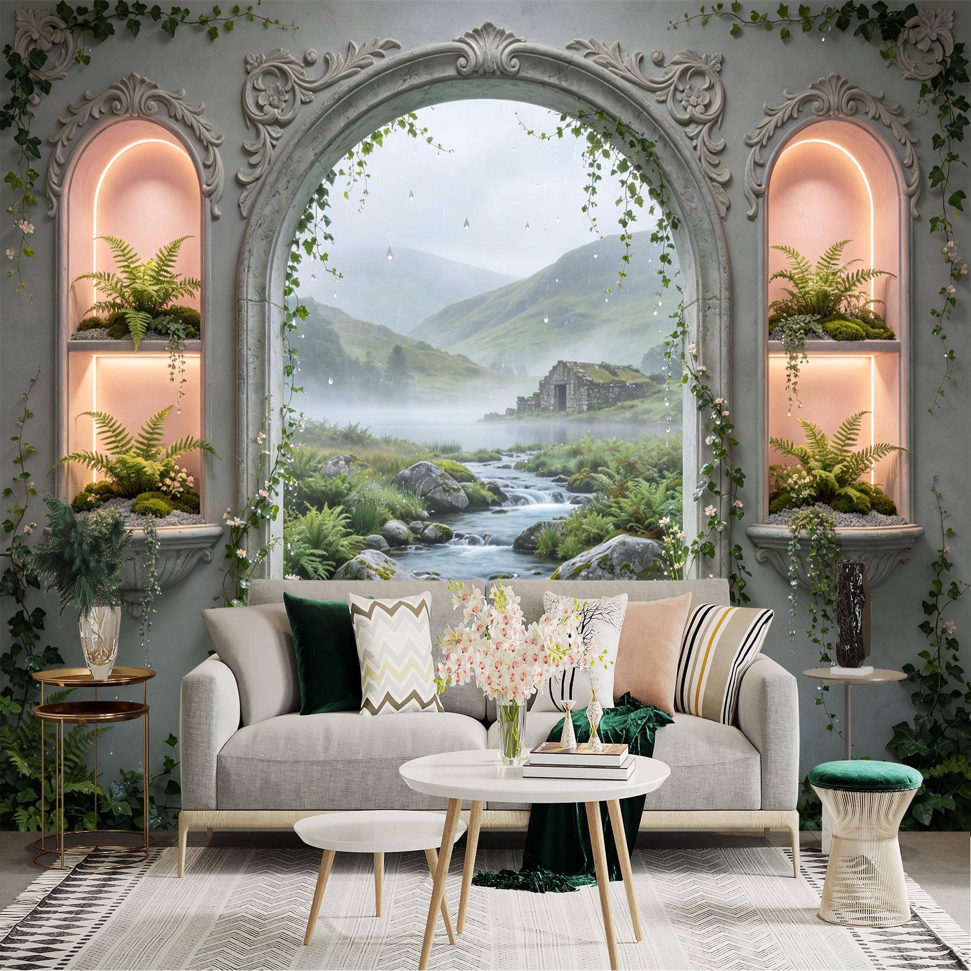 Lnzczhyre Dbh260521339 Custom Size Wall Sticker Mural， Scenic Window View， Misty River Landscape， Stone Cottage And Fern Decor， For Wall Decoration， Peelandstick Wall Decals.