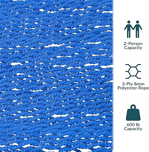 Miniatura 3 de Sunnydaze - Hamaca doble de cuerda de poliéster hilado suave para exteriores, capacidad de peso de 600 libras, hamaca extra grande, color azul