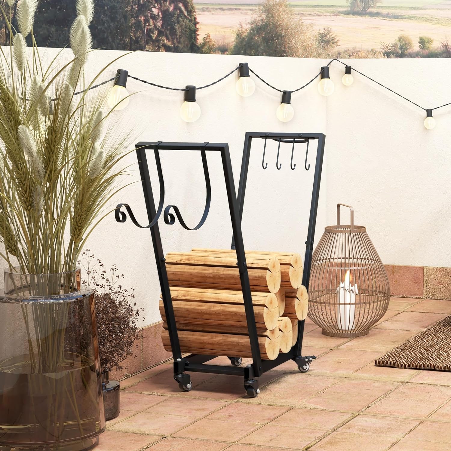 Outsunny 31 Inch Firewood Rack Outdoor Indoor Wood Storage with Swivel Casters, Metal Firewood Holder with Kindling and Tool Hooks, Heavy Duty Log Organizer for Fireplace, Black