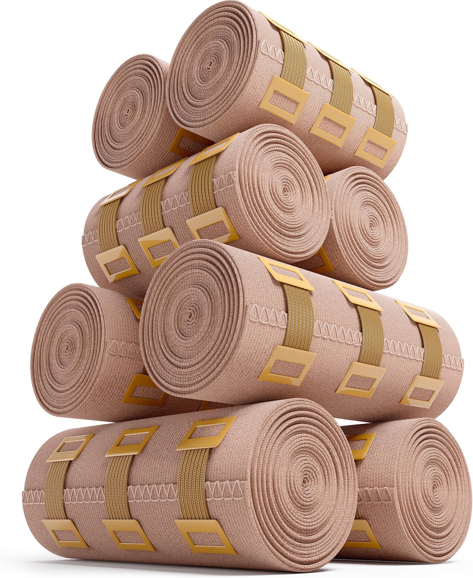 JFA Medical Elastic Compression Bandage Wrap - 8 Pack + 8 Extra Clips (4 x 7.5cm x 4.5m & 4 x 10cm x 4.5m Rolls) - Wrist, Ankle, Hand Knee, Elbow, Shoulder, Feet Injuries