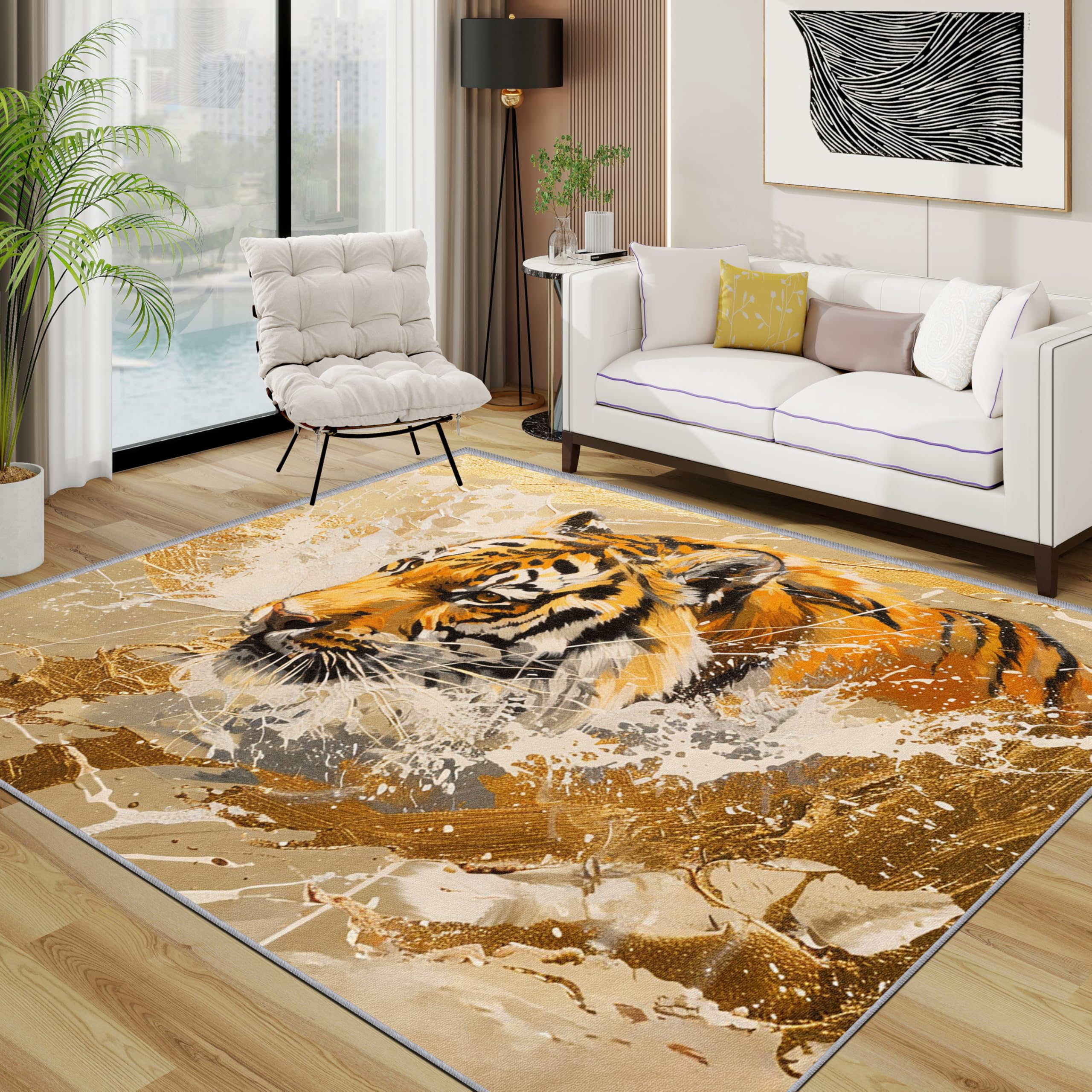 Tiger Teppich Waschbar, Abstrakt Künstlerisch Tiere Teppich 80x150 cm, Modern Wildnis rutschfest Waschbar Pflegeleicht Teppiche Für Schlafzimmer Küche, Goldorange
