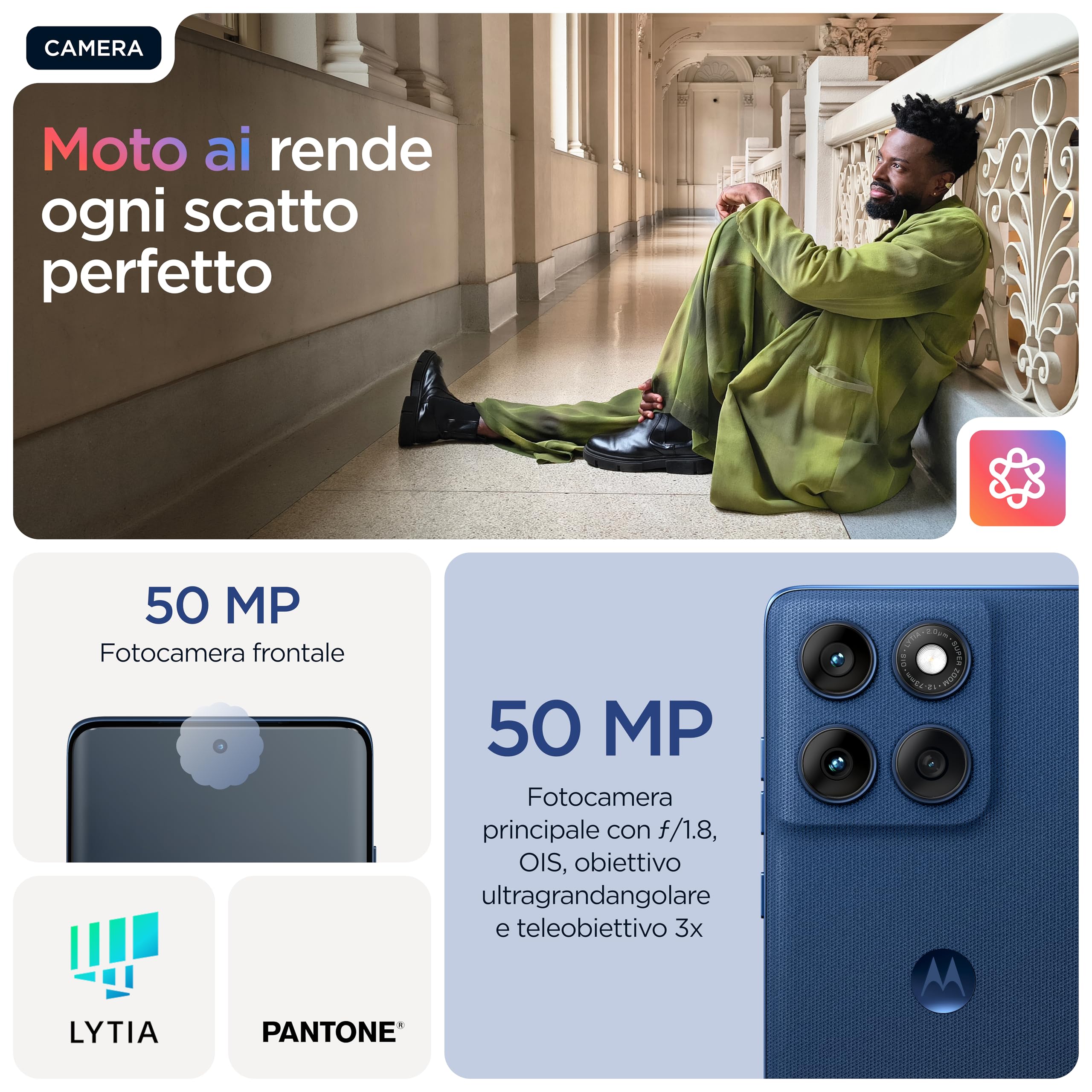 Motorola edge 60 con Moto AI (8/256GB, Fotocamera 50+50+10MP, selfie 50MP, Display 6.67" pOLED 120Hz, MediaTek Dimensity 7300, batteria 5100mAh, ricarica 68W, Android 15), PANTONE Gibraltar Sea