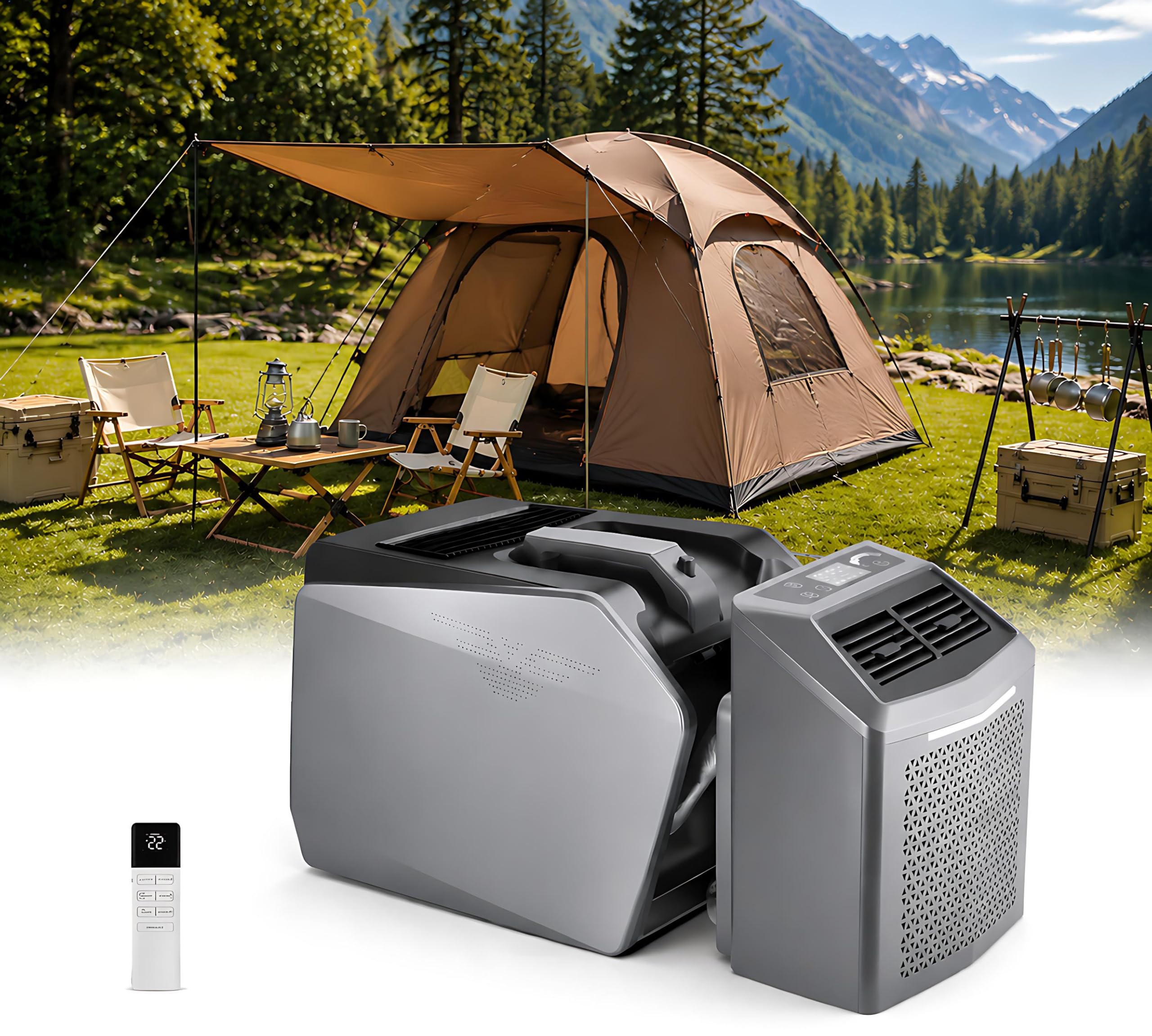 KPOUYYDS Windowless Portable AC for RV, Camping Tent AC, 6200 BTU 550W, 48V DC/110V/220V AC, 4-in-1 Micro Split Cooling Device Drain-Free 12H Timer Remote, Cools up to 120 Sq.Ft for Van Life 48V