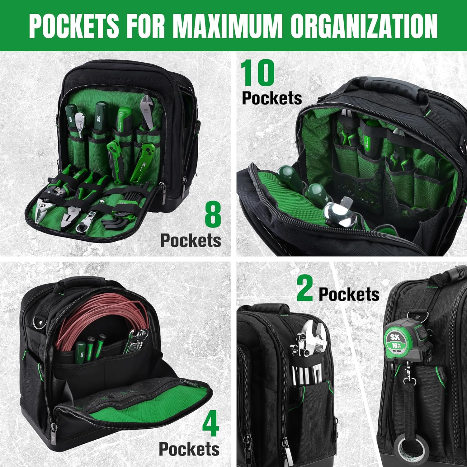 SK 15-Inch Tool Bag, Heavy Duty 1680D Tool Bag Organizer with 24 Pockets, Tape Measure Holder, Padded Shoulder Strap & All-Terrain Waterproof Bottom, Gift for Men, Electrician, Mechanic, Carpenter
