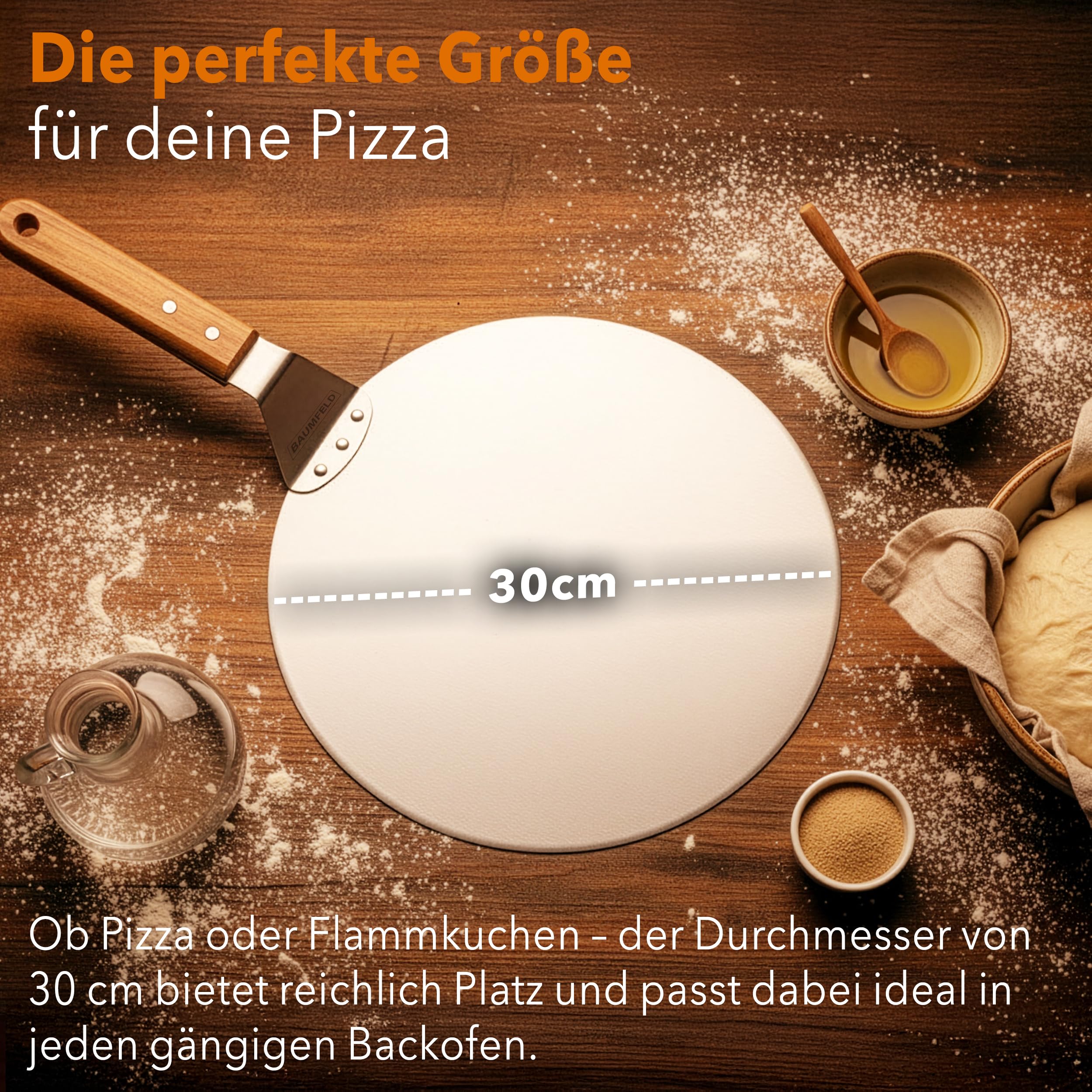 Pizzaschieber Pizzaschaufel, rund, 30 cm Durchmesser, hochwertig aus robustem Edelstahl, stabiler Griff aus natürlichem Akazienholz, Brotschieber, Pizza Zubehör