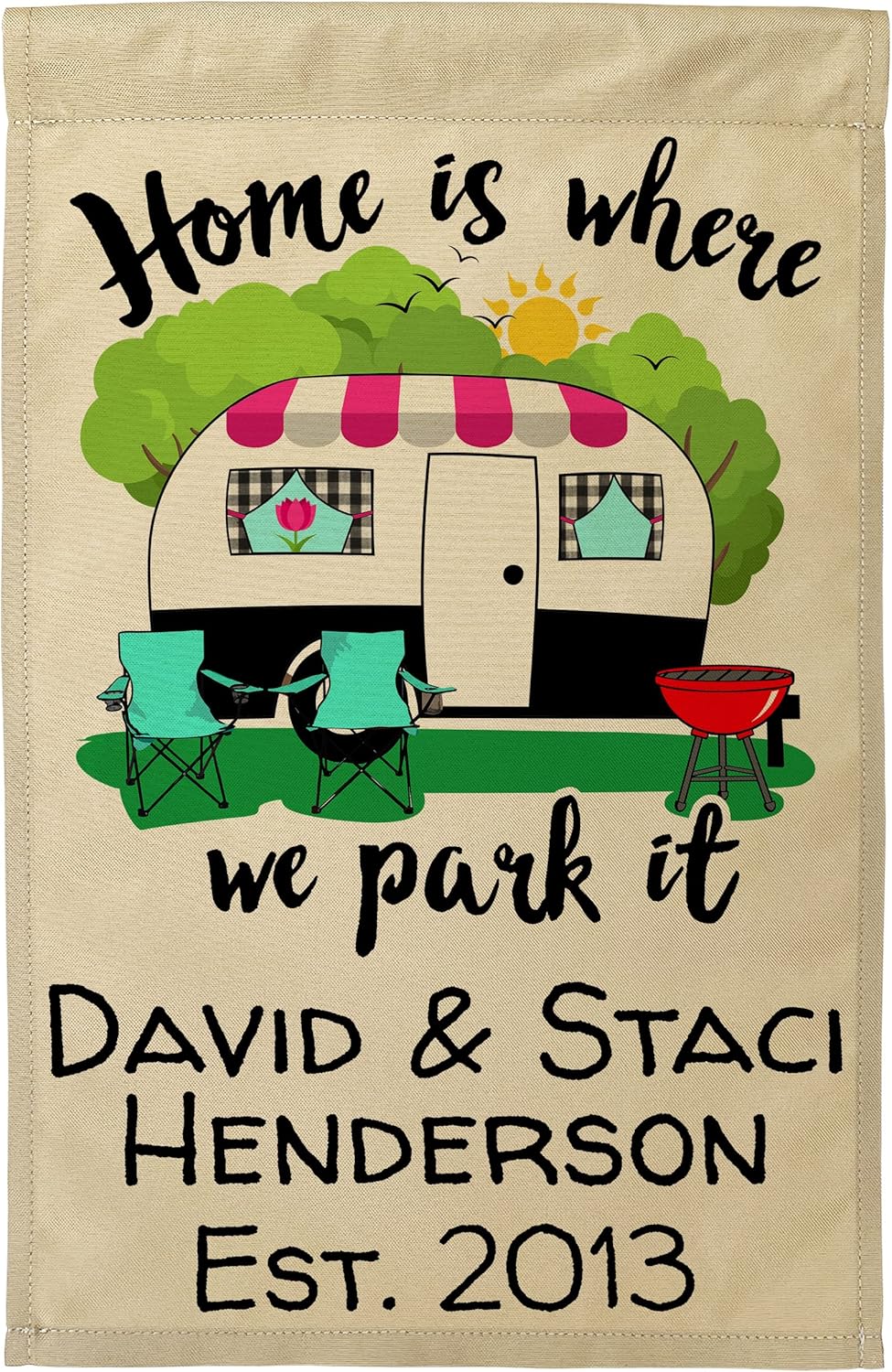 Home is Where We Park It Personalized Campsite Sign Garden Flag, Customize Your Way, Printed on Tan Fabric (Black and Pink Camper)