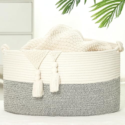 Cesta de manta de 20 x 13 x 11 pulgadas, cesta tejida grande para almacenamiento, cesta de cuerda de algodón para mantas en la sala de estar,