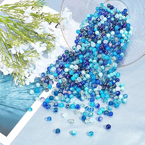 Miniatura 6 de PH PandaHall - 648 cuentas de vidrio azul de 24 colores de 8 mm., cuentas redondas de cristal azul para verano, Hawaii, bohemio, Heshi, collares,