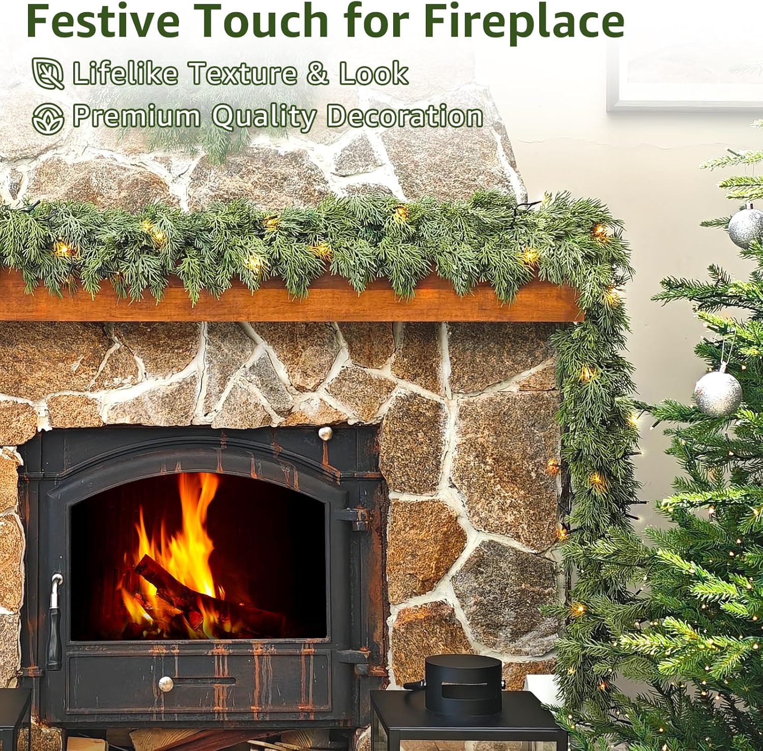 Cedar Christmas Garland with Lights for Mantle - Realistic Real Touch 6 Ft Artificial Faux Pine Garlands for Outdoor Stairs Railing Fireplace Decoration Garland Door Decor NEW-2SXS-6FT-1