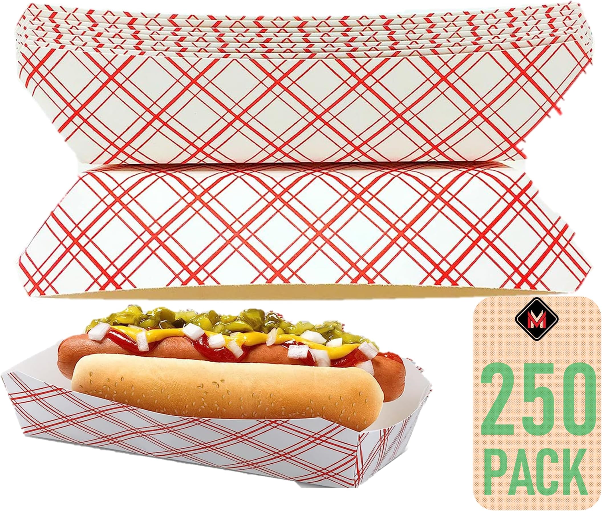 Mr Miracle 7 Inch Paper Hot Dog Tray in Red White Pattern. Pack of 250. Disposable, Recyclable and Fully Biodegradable. Made in USA