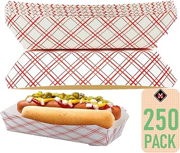 Mr Miracle 7 Inch Paper Hot Dog Tray in Red White Pattern. Pack of 250. Disposable, Recyclable y Biodegradable. Made in USA