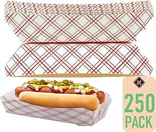 Mr Miracle 7 Inch Paper Hot Dog Tray in Red White Pattern. Pack of 250. Disposable, Recyclable and Fully Biodegradable. Made in USA