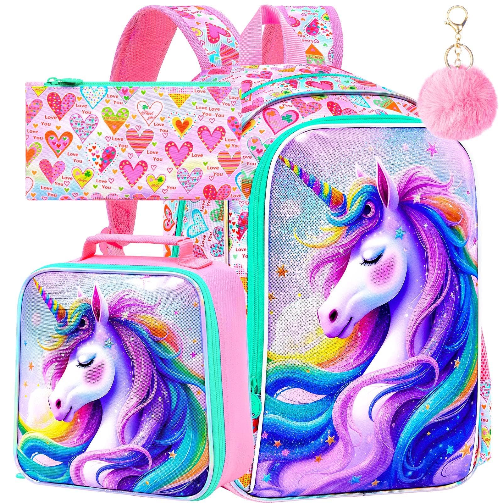 WZLVO 3PCS Kids Backpack for Girls, Unicorn Dinosaur Animal Prechool Elementary Kindergarten School Bookbag with Lunch Box