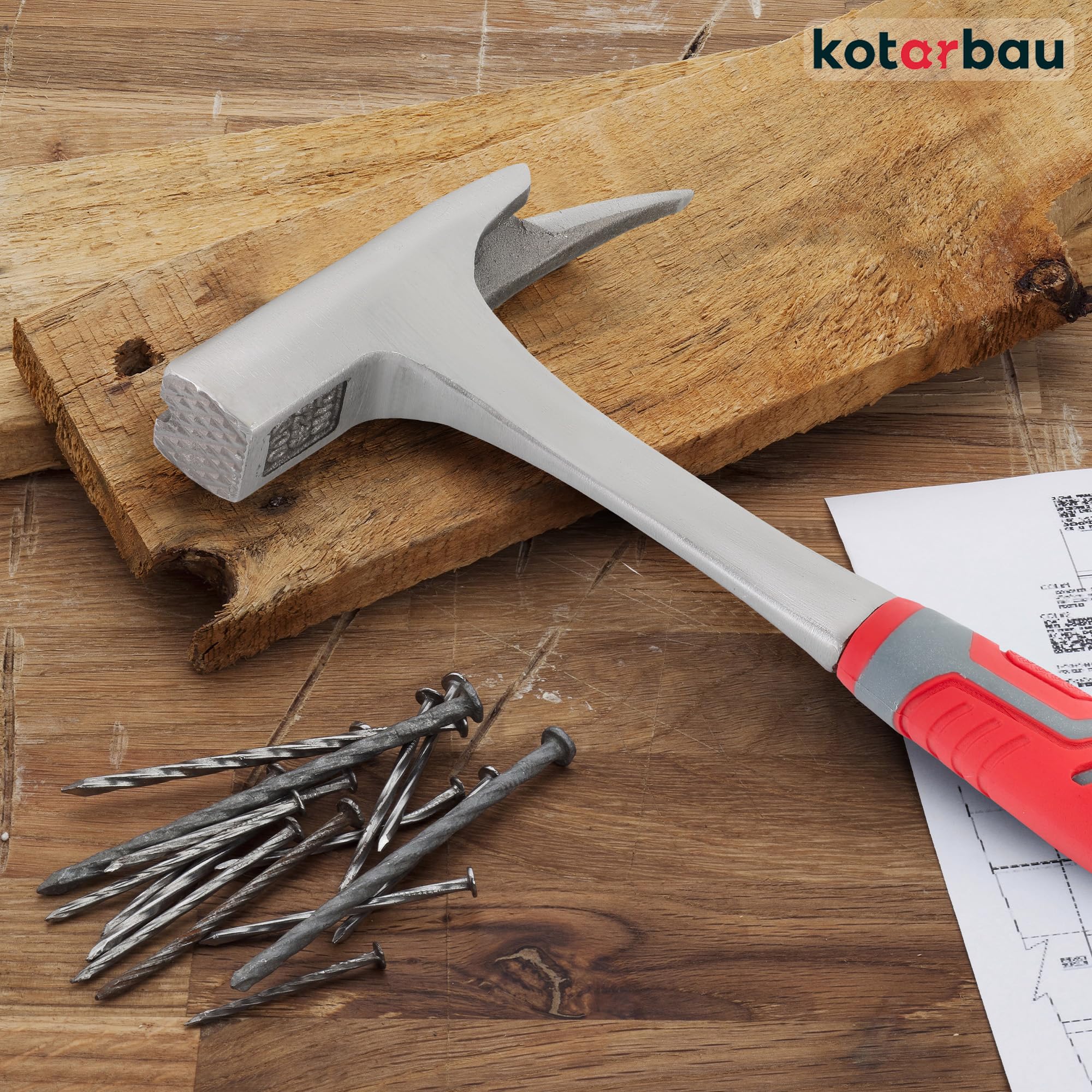 KOTARBAU® Martillo de techado/Martillo de listones 1000g con soporte magnético para clavos, acero forjado, resistente para quitar clavos, amortiguación de vibraciones ergonómica, mango de goma