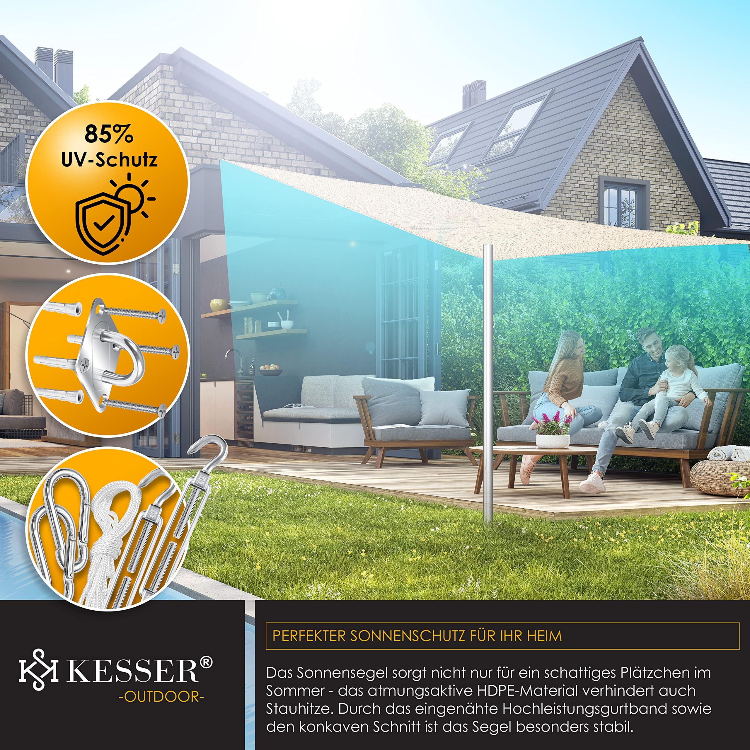 KESSER Tenda a Vela HDPE 5x7m Grigio idrorepellente antivento per Giardino Balcone Terrazzo