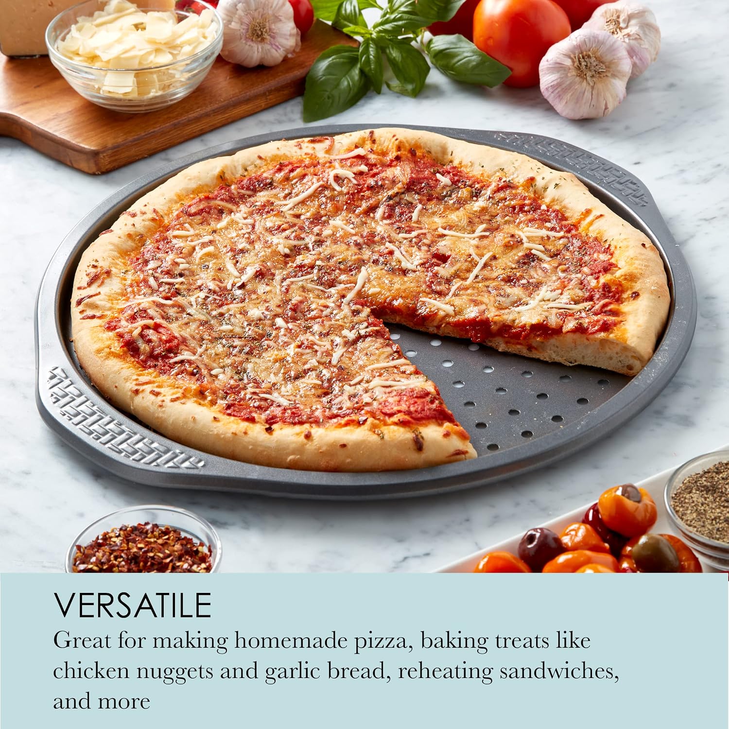 Chicago Metallic 14 Inch Nonstick Pizza Crisper Pan with Holes - Carbon Steel Perforated Pizza Pan for Oven, Even Baking and Crispy Crust, Gray