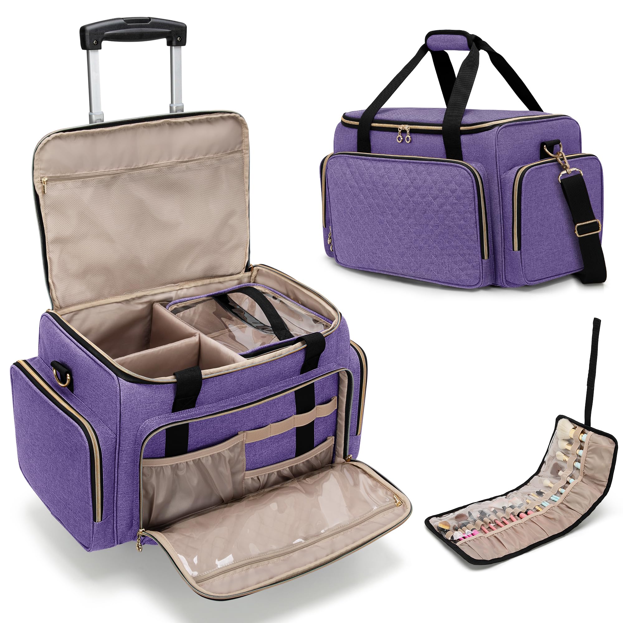 BAFASO Bolsa de Maquillaje con 3 Estuches Extraíbles y 1 Bolsa Porta Brochas de Maquillaje, Bolsa de Maquillaje de Viaje con Trolley Desmontable, Organizador de Maquillaje (Sólo Bolsa), Púrpura