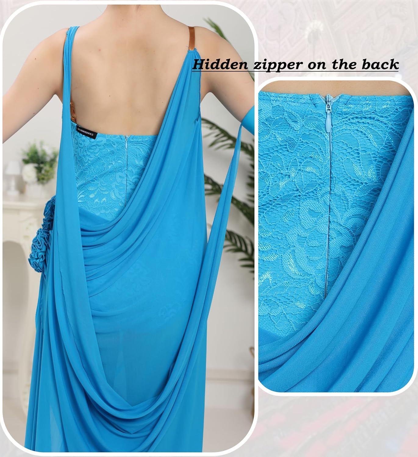 SCGGINTTANZ CR375 Latin Ballroom Dance Irregular Strap and Mesh Patchwork Dress