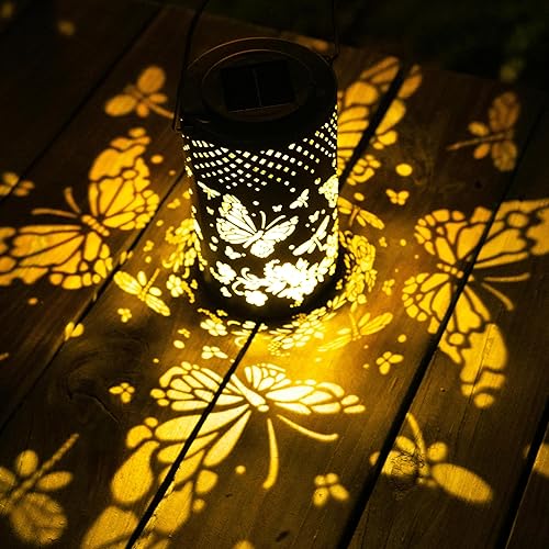 BVGY Farol solar de mariposa para decoración de jardín al aire libre, impermeable, luces solares colgantes, linterna LED de metal para decoración al