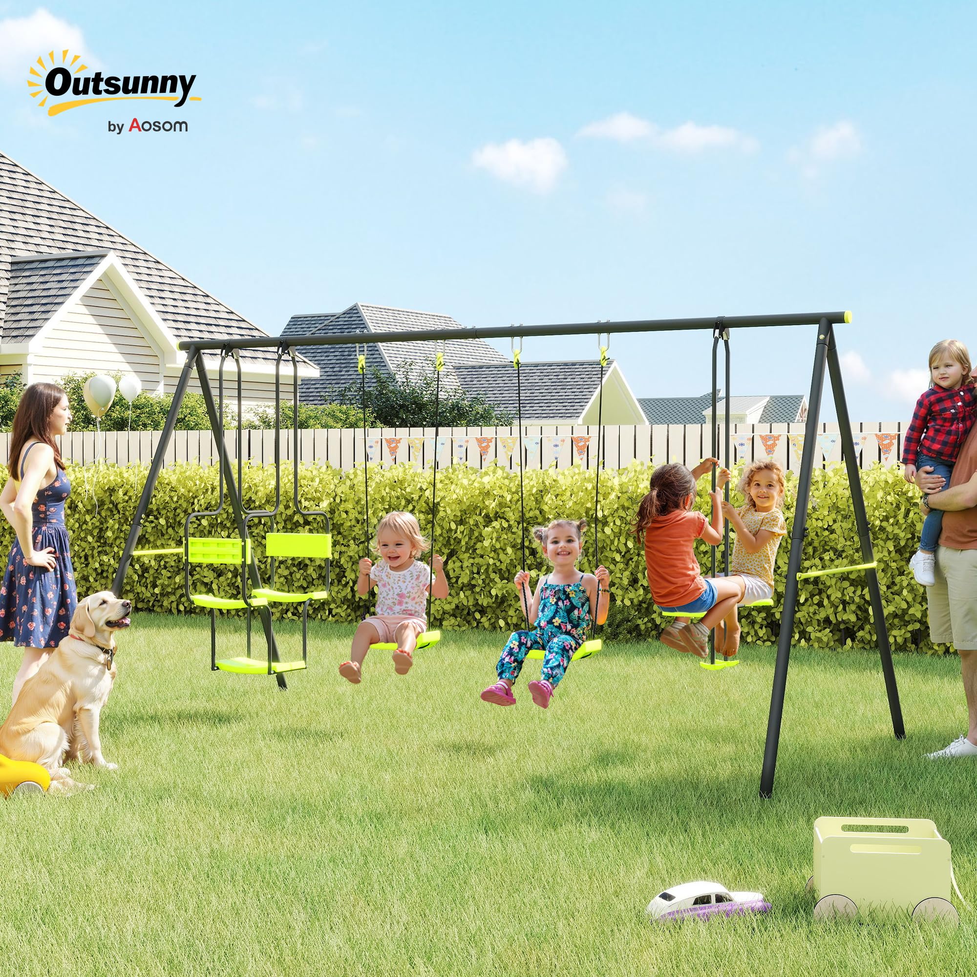 Outsunny Juego de Columpio Infantil Exterior 355x184x186 cm Verde | 2 Columpios, Asientos Abatibles, Balancín, Marco de Acero, para Niños de 3-8 Años, Parque Infantil Exterior