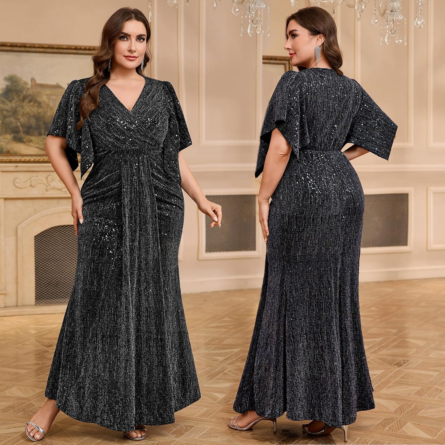 Plus Size Formal Gown Black Tie Dress Sequin Ruched Draped Sparkly Cocktail Wedding Prom Gala Evening Holiday - Image 2