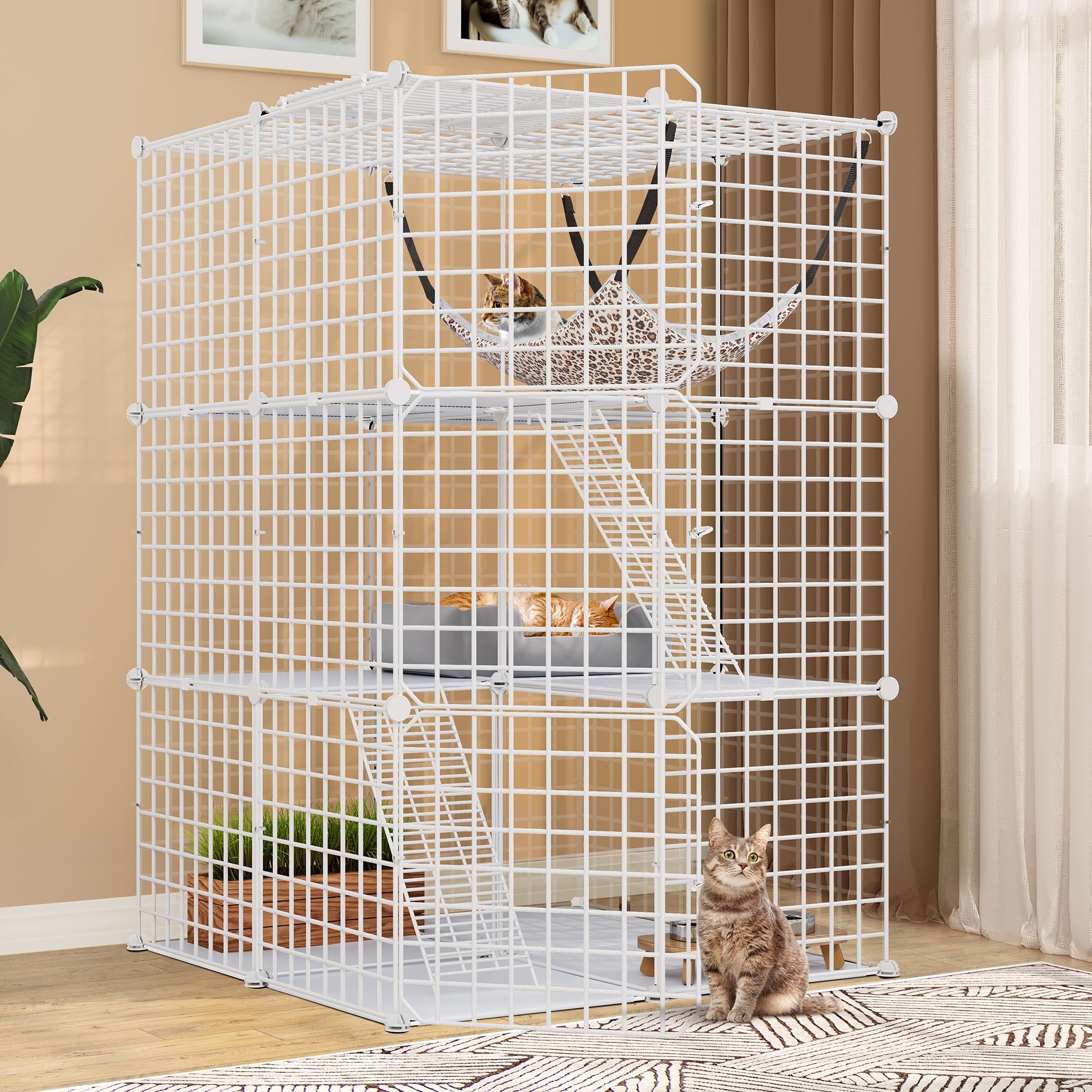 YITAHOME Cat Cage Indoor, 3-Tiers DIY Enclosure Metal Cat Playpen for 1-2 Cats with Extra Hammock