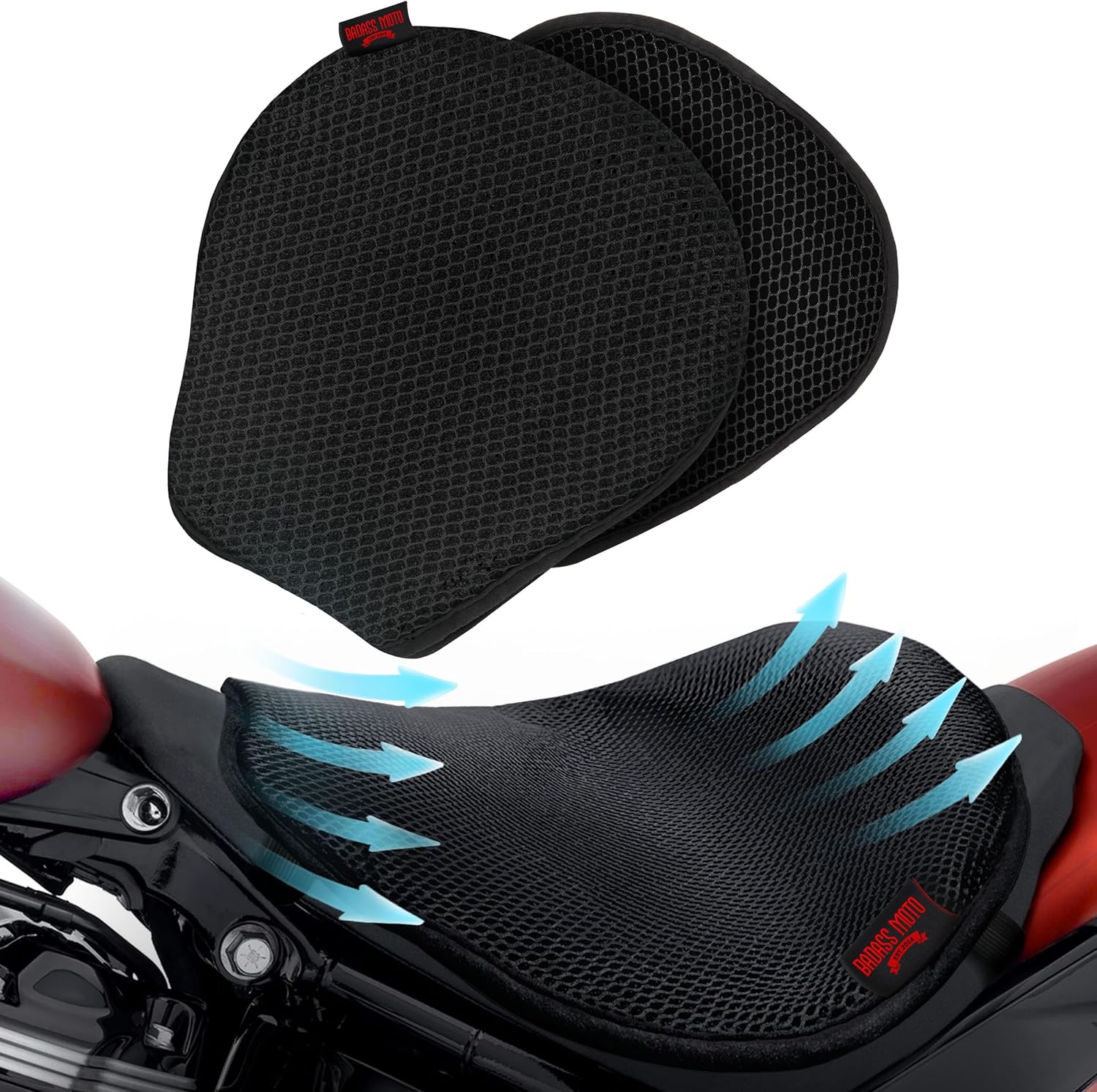 Badass Moto Cool Mesh Motorcycle Seat Cover, Max Airflow Motorcycle Seat Pad, Cooling Seat Cushion Stops Sweat, Adds Sun Shade. Removable Padded Insert. Fits Harley Davidson, Cruiser, Sport Bikes - LG