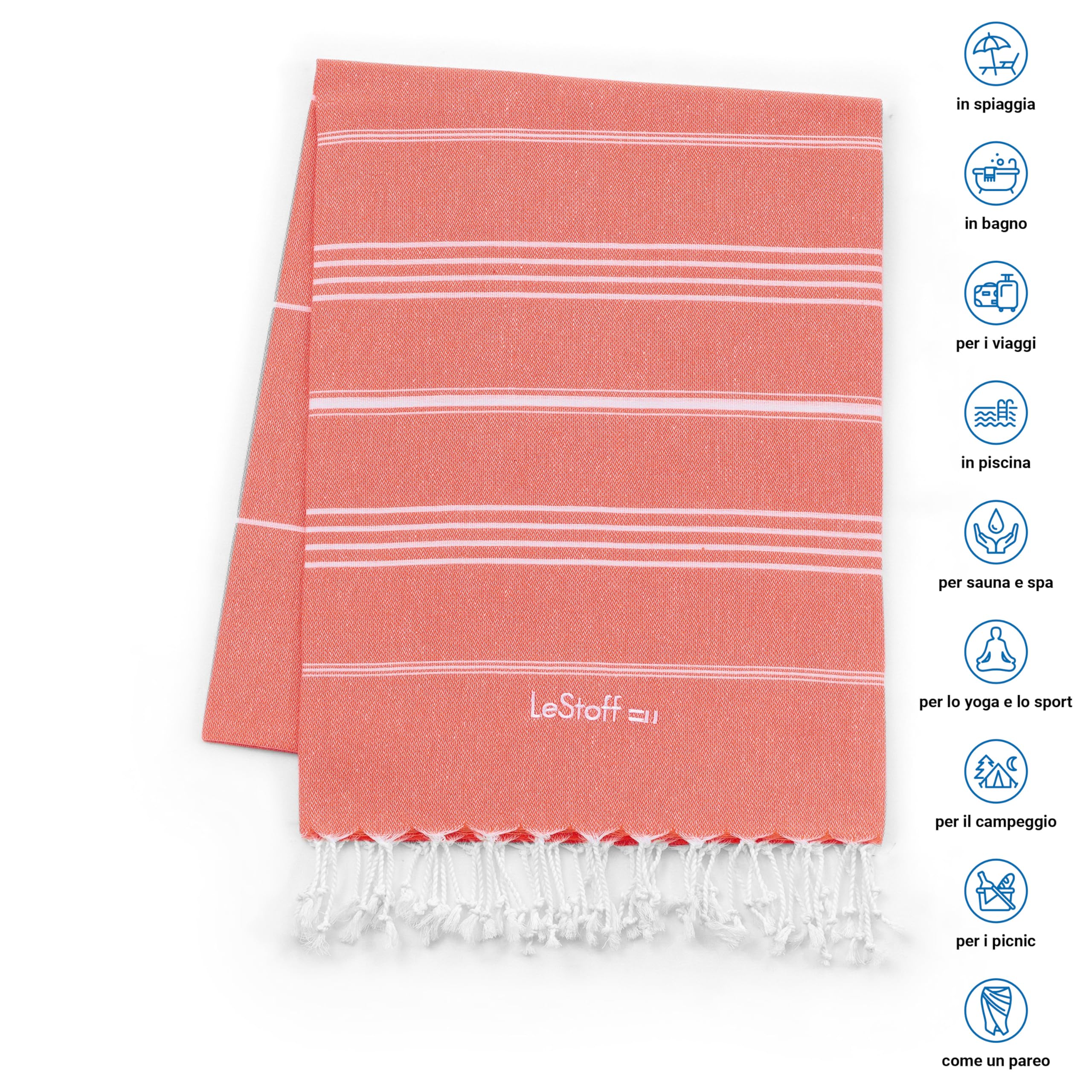 LeStoff Telo mare - 100% Cotone bio, 95 x 180 cm, Prelavato, Assorbente, Asciugatura Rapida, Leggero, Fouta, Telo Spiaggia, Telo Bagno, Telo Yoga, Telo Sauna, Asciugamano Sportivo, Coperta (Coral)