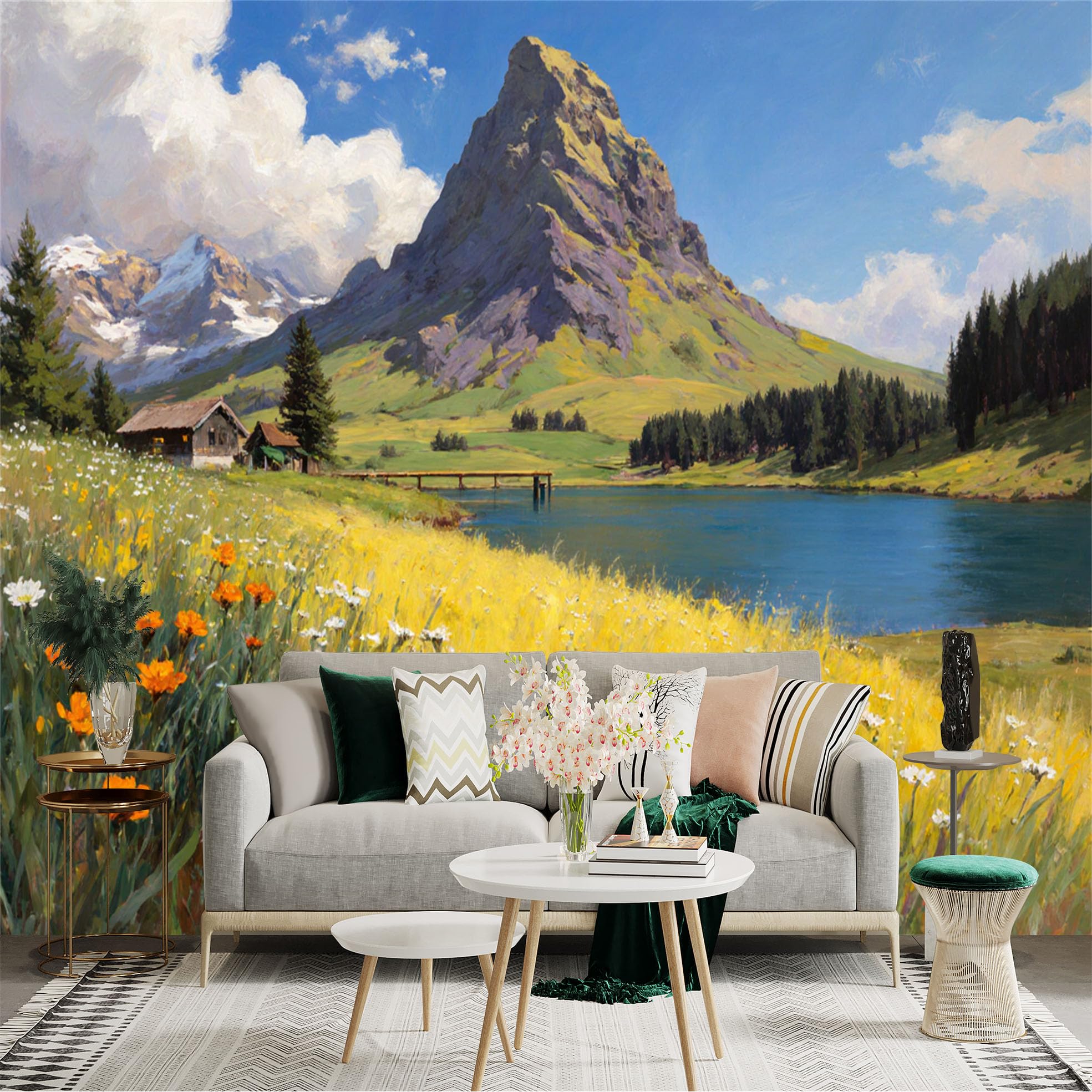 Custom Size Wall Sticker Mural， Alpine Landscape with Meadow， Wildflowers， Lake and Majestic Mountain Peak， for wall Decoration， peelandstick wall Decals.