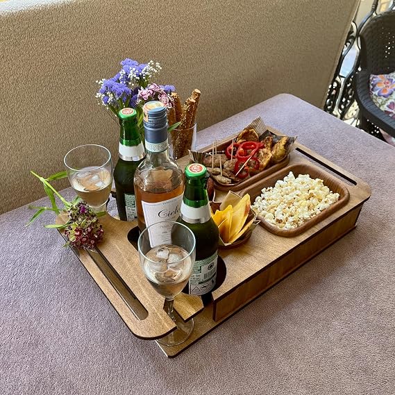 Premium Sofa Tray Table | Divided Wooden Serving Organizer with Glass & Bottle Holders | Versatile Couch Companion Sofa Organizer & Divided Snack Serving Platter (Brown)