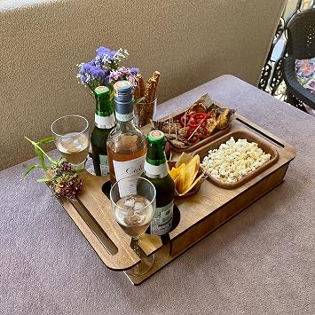 Premium Sofa Tray Table | Divided Wooden Serving Organizer with Glass & Bottle Holders | Versatile Couch Companion Sofa Organizer & Divided Snack Serving Platter (Brown)
