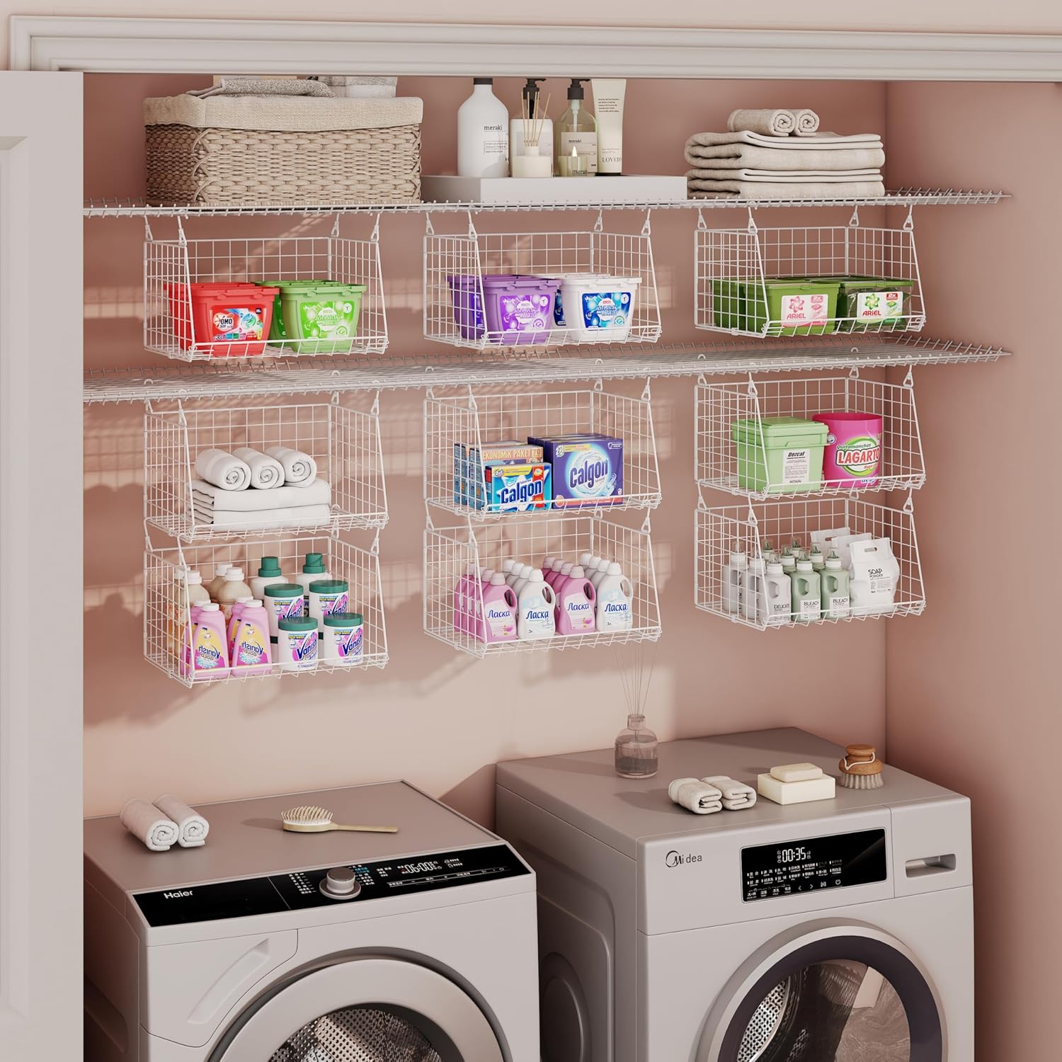 3-Tier Hanging Laundry Basket Organizer：Foldable Wire Shelf Laundry Room Organizer with 360°Rotating Hooks Small Space Solutions Closet Hanging Organizer - Laundry Organization, White Patent thumbnail