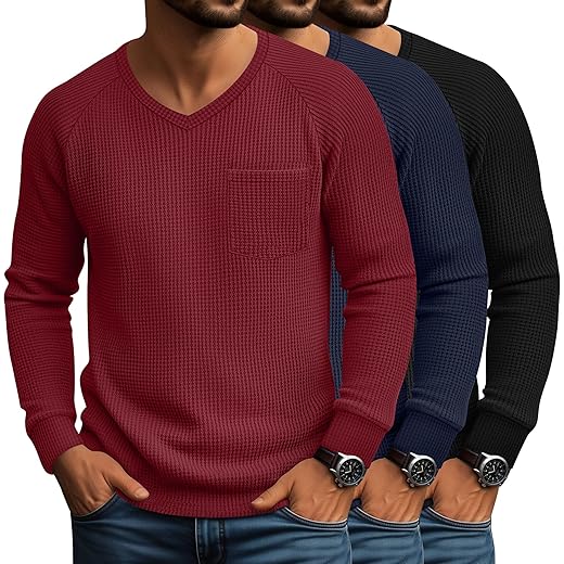 3 Pack Men's Waffle V Neck Long Sleeve Shirts, Raglan Sleeve Knit Cotton Thermal Tops Casual Undershirts with Pocket
