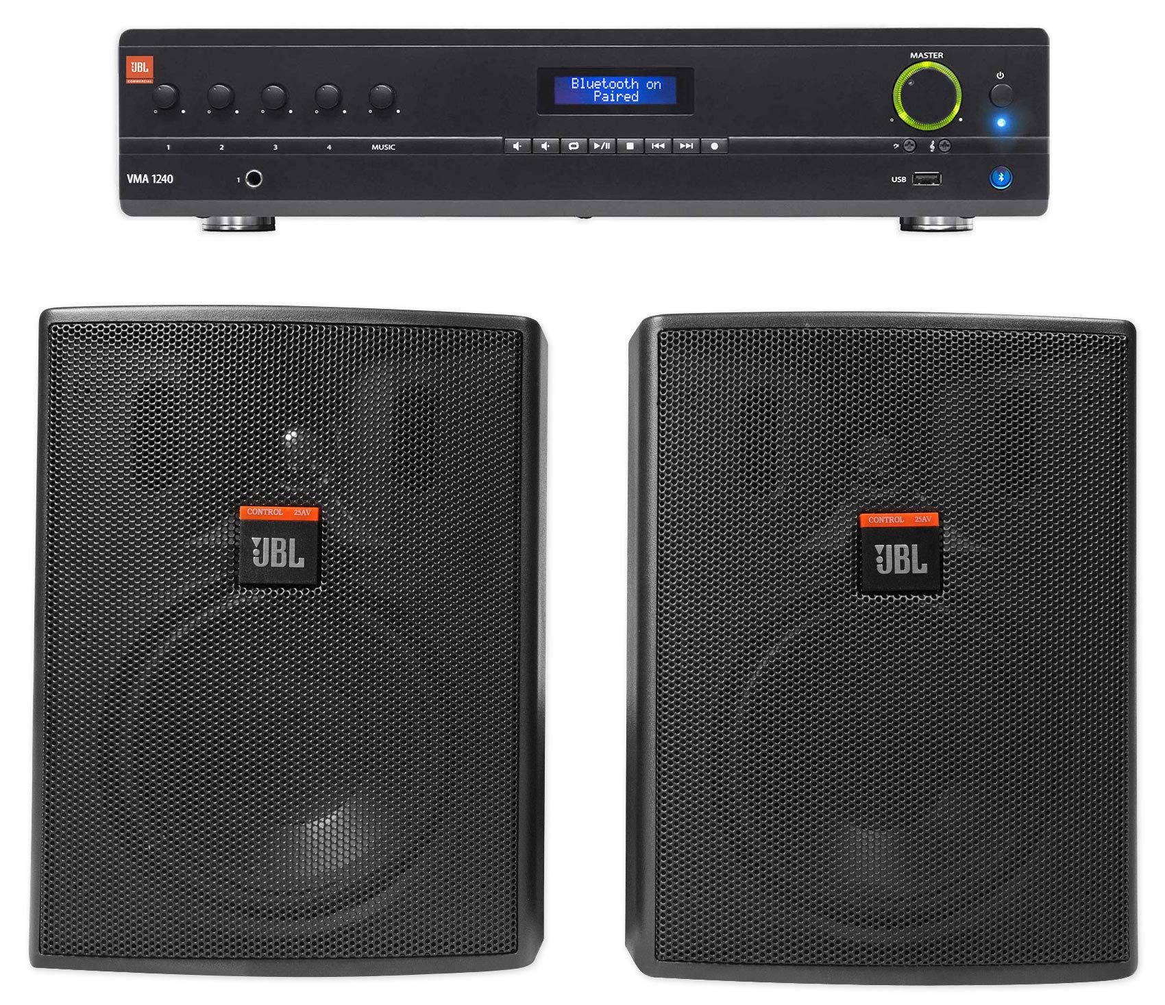 Audiosavings Bundle: VMA1240 Commercial/Restaurant 240W 70v Bluetooth Mixer/Amplifier, 5 Inputs Bundle with (2) Pro Control 25AV 5.25" 60 Watt 70v Indoor/Outdoor Commercial Speakers (3 Items)